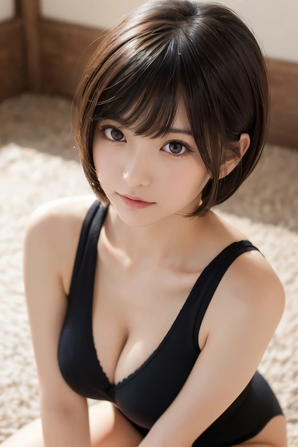 (1 woman、Japanese、24-years-old、Refreshing、clear、seems kind、stylish、attractive narrow eyes、Pitiful、天使のようにcute、cute、black eyes、Idol,actress,big breasts),(big sagging breasts),(big breasts:1.4).(very cute)、,(highlight on eyes:1.4),(black hair),enchanting eyes、(In 8K、Live shooting、highest quality、masterpiece:1.2、optimal lighting)、(short bob cut,blunt bangs),(masterpiece),(Gravure photography)(Photo taken by a professional photographer),(soft light),(real、フォトreal:1.37),break,{Cute matching underwear}, (portrait),,upper body,,close up of face,shy,frog-sit on the floor