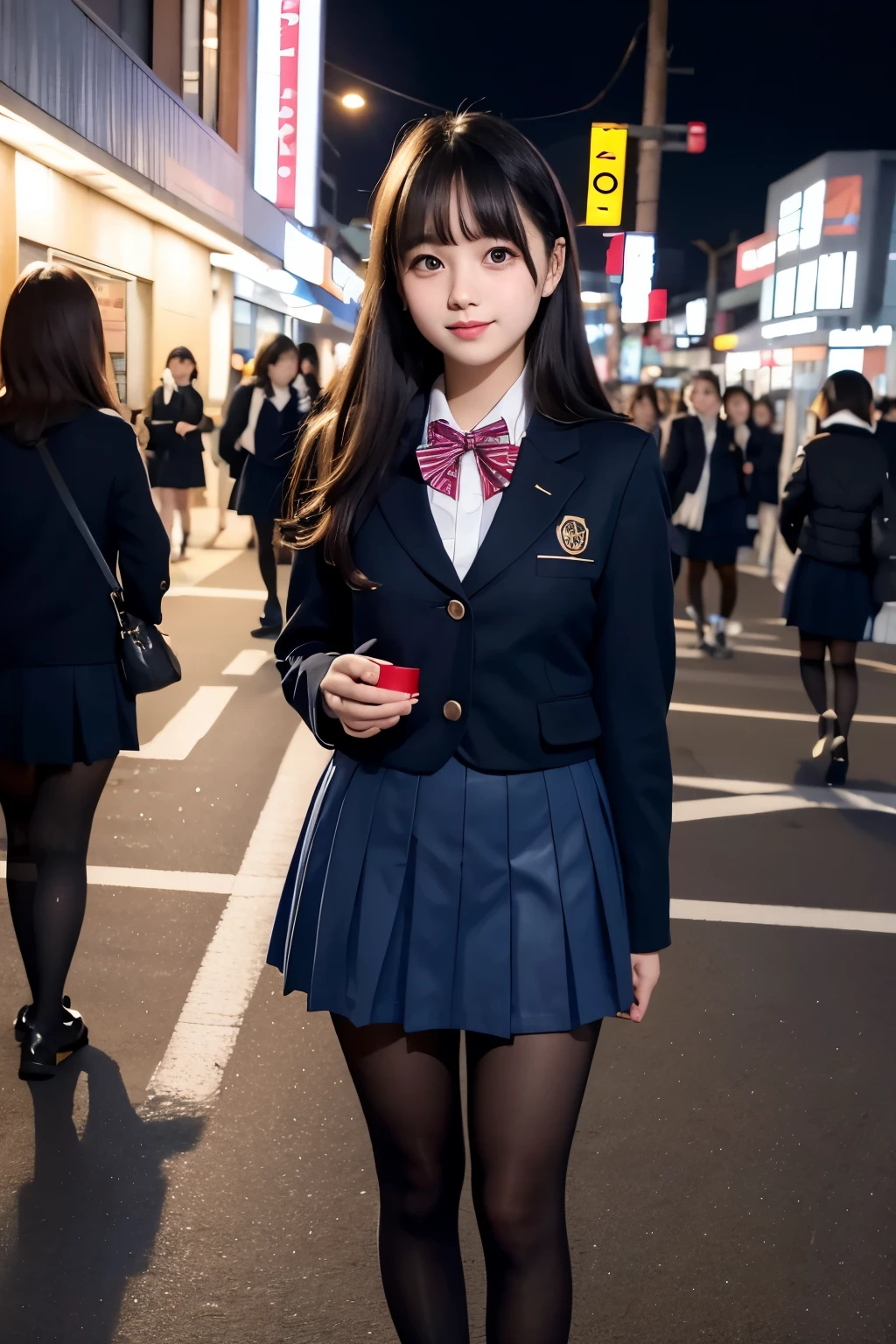 low angle shot、black pantyhose、big breasts、Shoes are visible、super treet snap、tall, A baby-faced gal woman wearing a short skirt and bow tie is standing in a neon street at night、high school student、Thin calf、japanese girl、Winter clothes、Wearing Japanese school uniform、Japanese school black uniform、Wearing a surreal high school uniform、girl in uniform、Wearing a dark blue uniform、Full body Esbian、(micro mini skirt)、Plump thighs、Wearing pantyhose that show your skin、leather shoes、Japanese high school 、Nogizaka Idol、inviting eyes