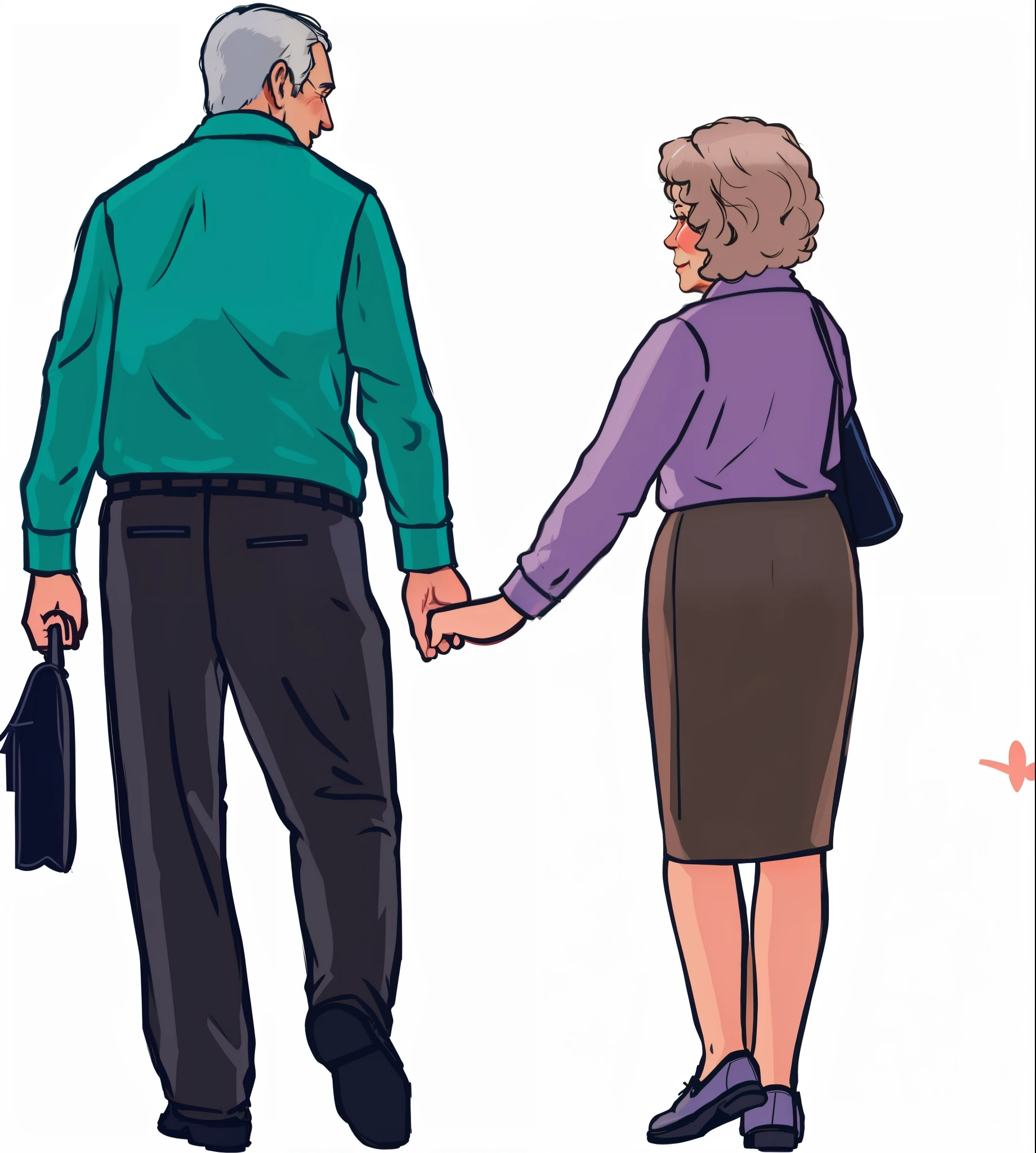 illustration of a man and woman holding hands and walking, couple walking hand in hand, man and woman walking together, two old people, by Hugh Hughes, holding hands, holding hand, across holding a hand, two skinny old people, couple, intertwined full body view, hd illustration, by Hristofor Zhefarovich, elderly
