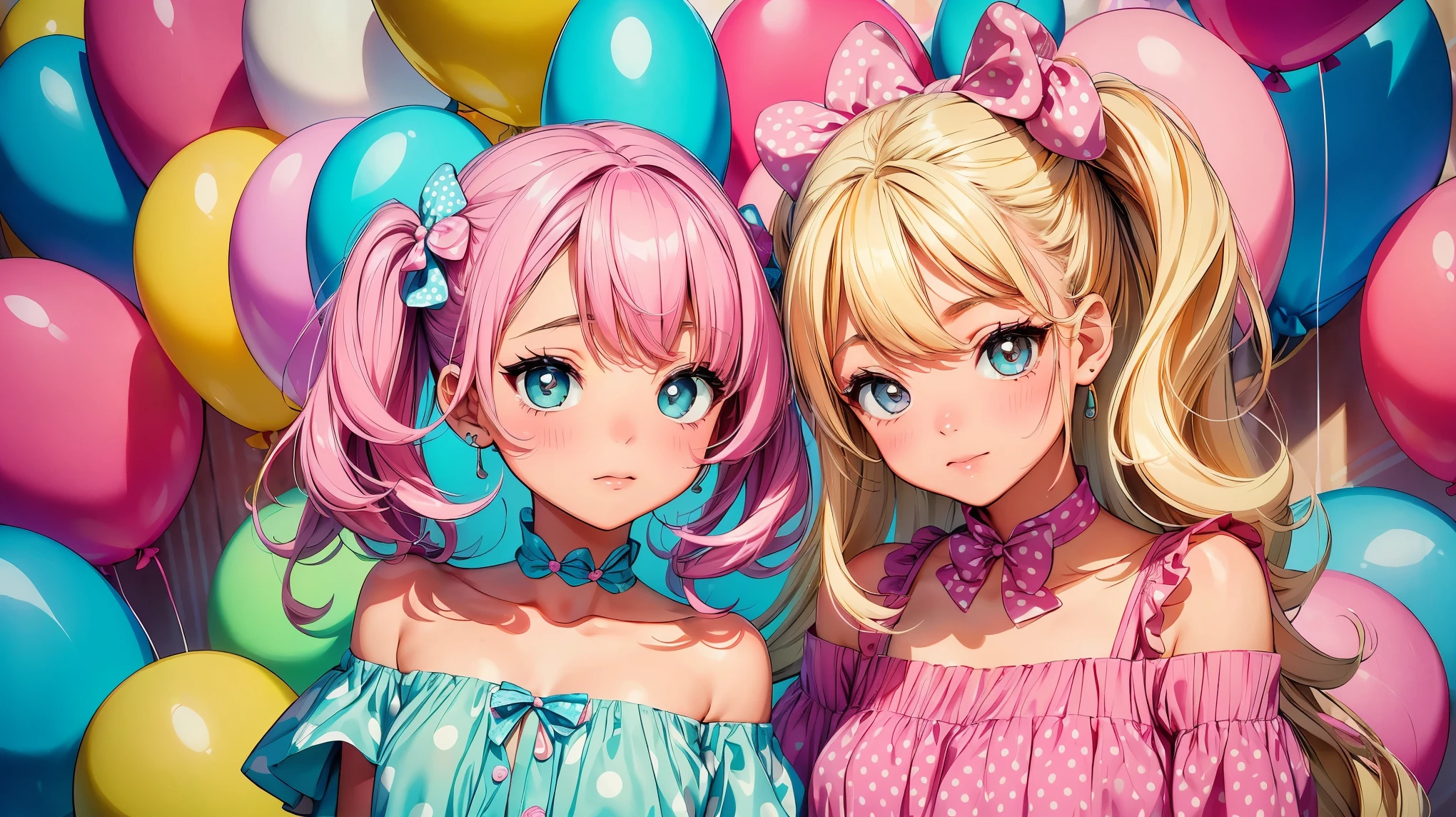 (8K, RAW photo, highest quality, masterpiece:1.2), High-definition RAW color photo, Professional photography, cinematic light, (((young woman)), (Big eyes), (small face), (high detail skin:1.2), cute face, beautiful appearance, pop art、pretty girl、フリルのドレスを着たpretty girl、colorful、Large、Comic-Style Eye、Bright colors、pastel colour、playful expression、detailed clothing, off shoulder, pinup style、puff sleeves、Polka Dot Dress、Retro hairstyles, blush、pouting pose、Excited pose、bubblegum pink background, A large number of balloons fill the background, Striped stockings、incandescent light、shine、pop art スタイル, Whimsical、interesting、cheerful style、