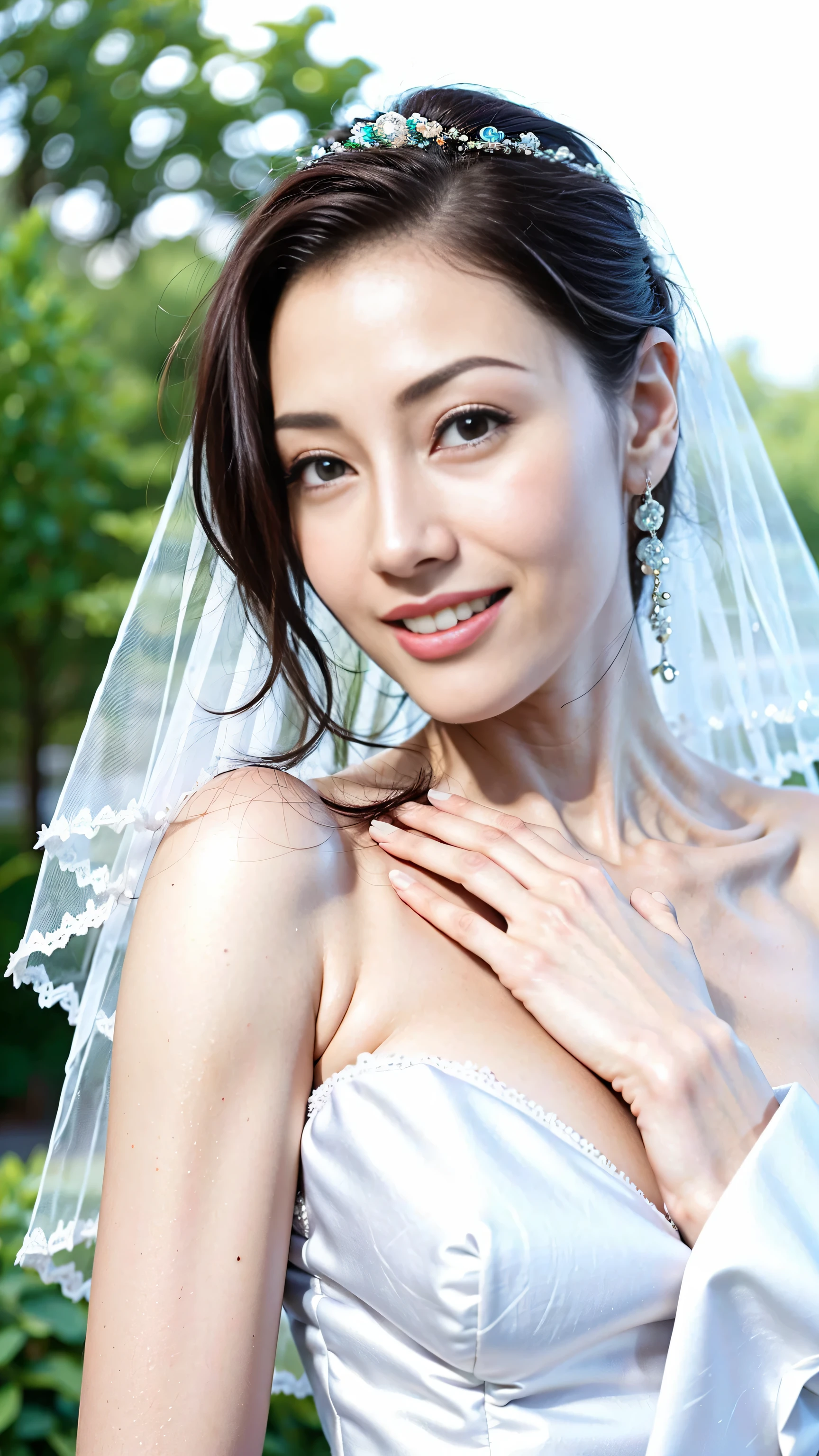 （1 18-year-old female fashion model）， [[[[close up]]]], [[[[]]]], [[[[neck]]]], [[[[Shoulder]]]], perfect eyes, perfect iris，perfect lips，perfect teeth，perfect skin，White skin，Soft headlight，high-density imaging review，super pretty girl，((Beautiful white wedding dress))，((nude))，((bridal hairstyle))，((A smile of excitement and satisfaction on his face))，((Sexy and charming expression))，((looking at the audience))，(Various dynamic poses)，The background is green trees and gossip，high quality， masterpiece， ultra high resolution，（lifelike： 1.4）， original photo，（超级lifelike细节））， best quality，（pastel colors：1.2）