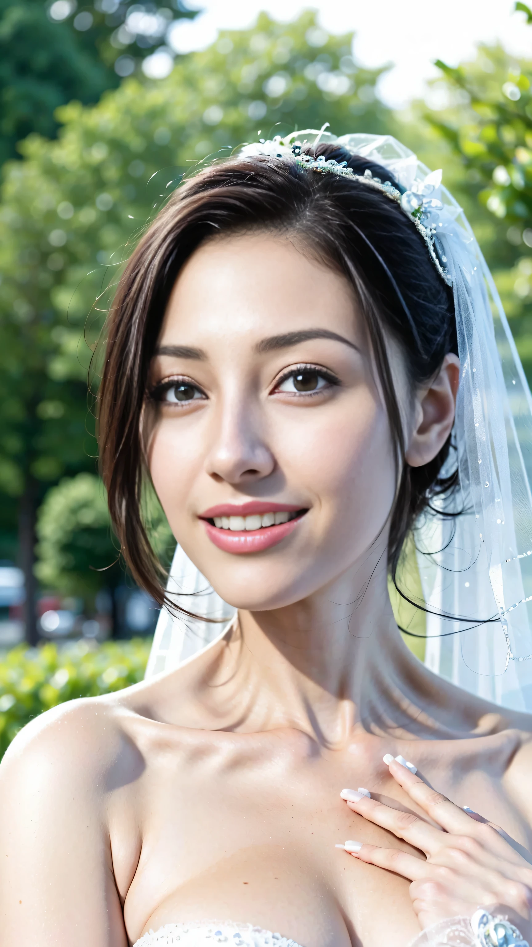（1 18-year-old female fashion model）， [[[[close up]]]], [[[[]]]], [[[[neck]]]], [[[[Shoulder]]]], perfect eyes, perfect iris，perfect lips，perfect teeth，perfect skin，White skin，Soft headlight，high-density imaging review，girl，((white bridal wedding dress))，((Sexy))，((full))，((exposed))，((bridal hairstyle))，(Various dynamic poses)，(((Excited and satisfied smile)))，The background is green trees and flowers，quality， masterpiece， ultra high resolution，（lifelike： 1.4）， original photo，（超级lifelike细节））， best quality，（pastel colors：1.2）