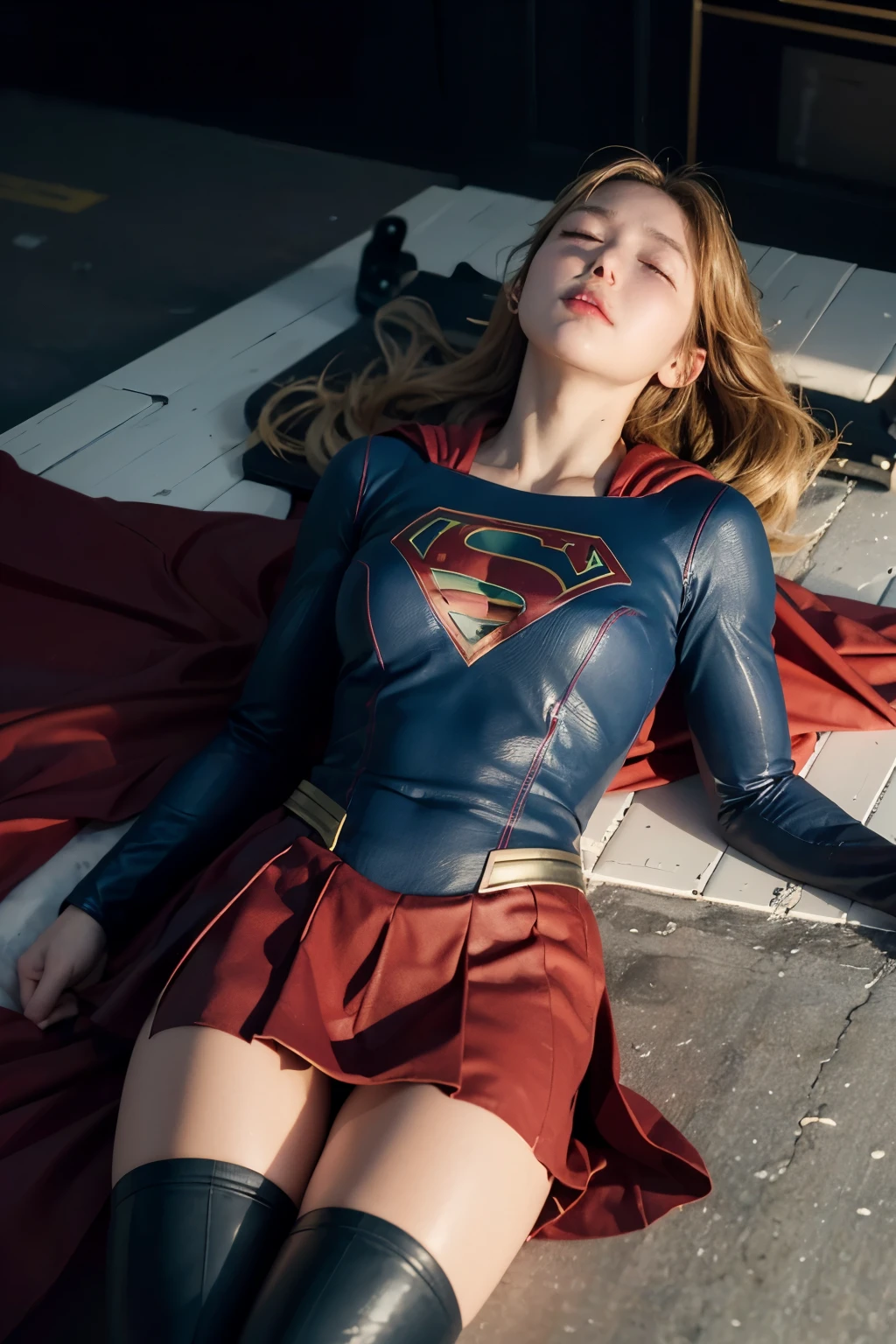 8k, best quality, real picture, intricate details, ultra-detailed, ultra highres, depth field,(photorealistic,realistic:1.2), beautiful face, hyper detailed face, masterpiece, photo of 1girl, Supergirl, superhero, arms on hips, realistic, red cape, bodysuit, red skirt, red boots, pantyhose, blonde hair, lips, long hair, solo, ruined city background, Nikon d850, film stock, photograph 4 kodak Portra 400 camera f1.6 lens, rich colors, hyper realistic, lifelike texture, dramatic lighting, unreal engine, trending on artstation, cinestill 800, (lying on back:1.9), (close eyes:1.6), (unconsciousness:1.9), (painful), (defeated from fighting)