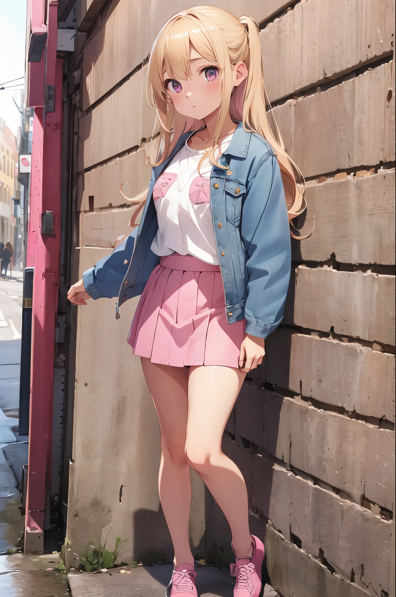 1girl, , blonde, on stand, small breasts, very long hair, she is wearing a pink skirt and a denim jacket, cute pink shoes