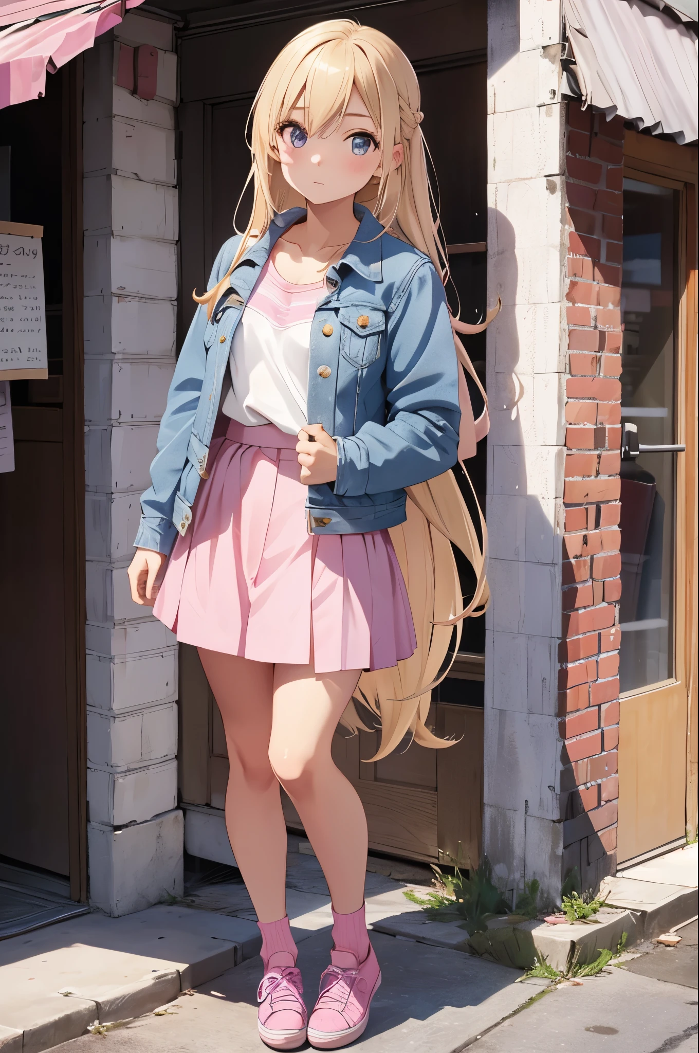 1girl, , blonde, on stand, small breasts, very long hair, she is wearing a pink skirt and a denim jacket, cute pink shoes