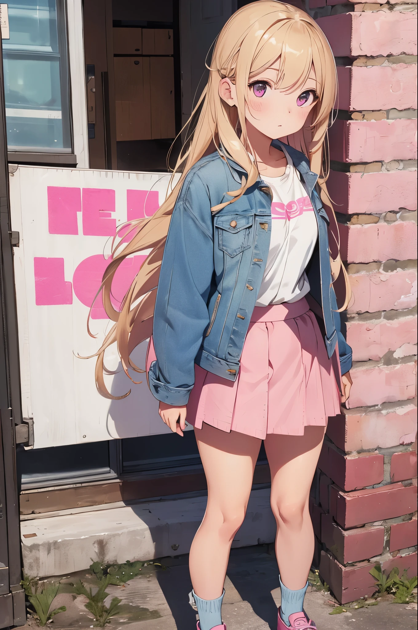 1girl, , blonde, on stand, small breasts, very long hair, she is wearing a pink skirt and a denim jacket, cute pink shoes