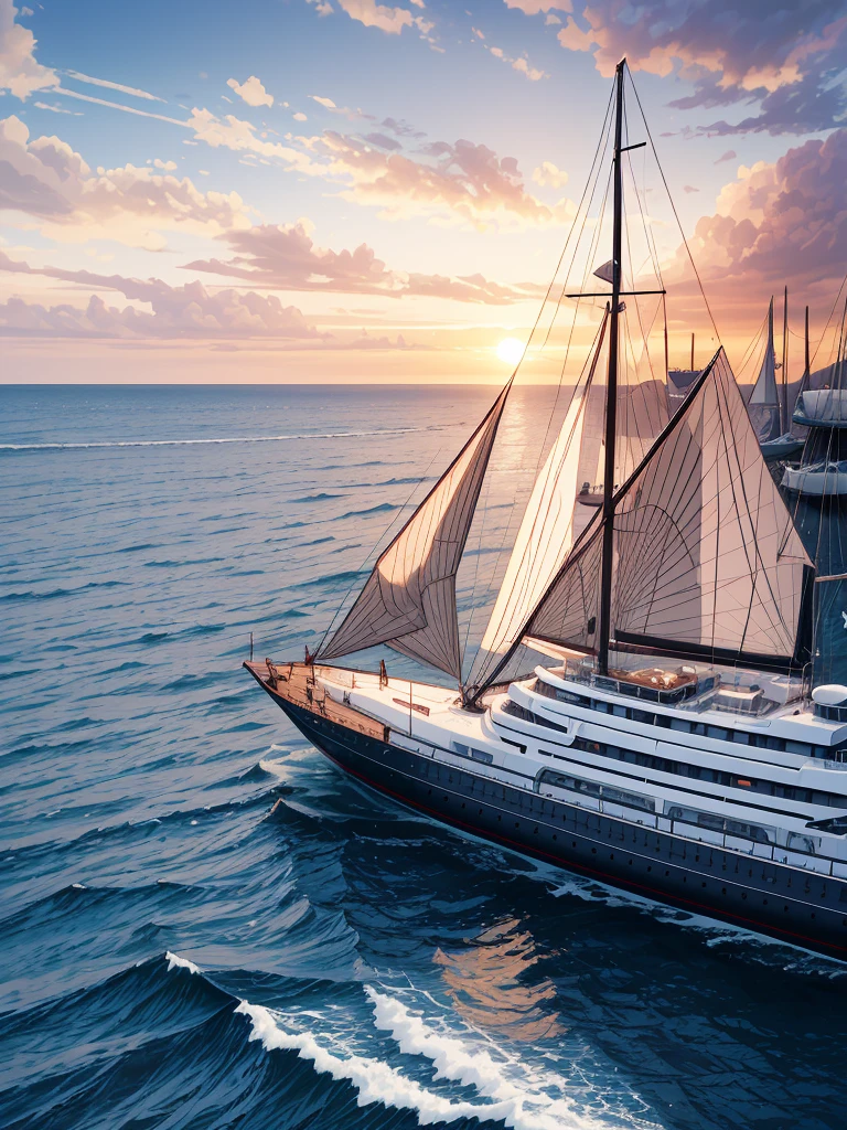 (((masterpiece、Highest image quality、highest quality、highly detailed unity 8kwallpaper)))、sunset、sailing ship at anchor、medieval port town