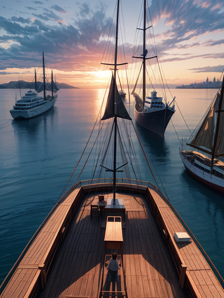 （（（masterpiece、Highest image quality、highest quality、highly detailed unity 8ｋwallpaper）））、sunset、sailing ship at anchor、medieval port town