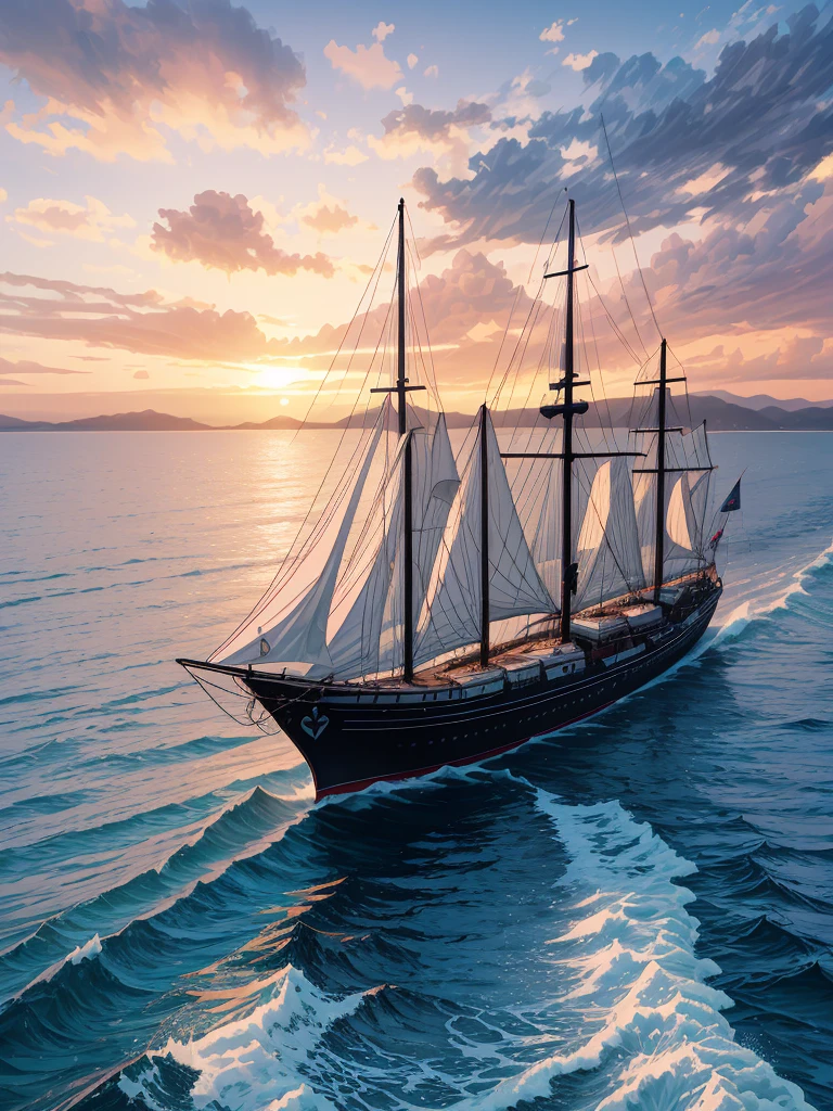 （（（masterpiece、Highest image quality、highest quality、highly detailed unity 8ｋwallpaper）））、sunset、sailing ship at anchor、medieval port town