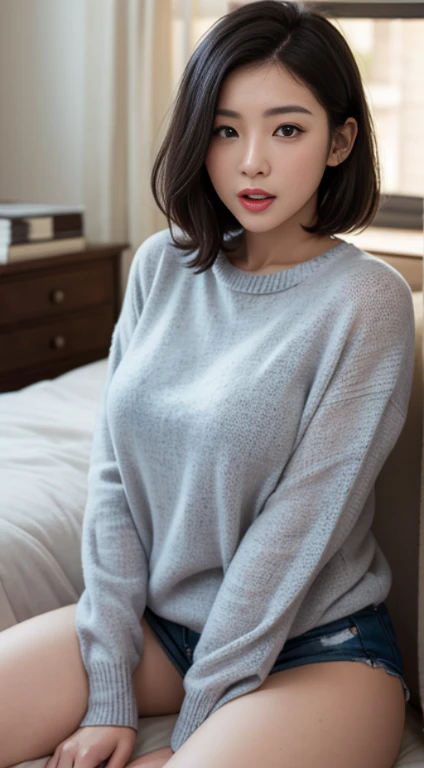 Ultra-realistic 8k CG,masterpiece,best quality,((very detailed face)),(photorealistic:1.4),absurdres,RAW photo,sunlight,((film grain)),a japanese girl, Sexy body,, oversized knitted sweater, Big breasts, hard nipples showing through sweater, Spread your legs wide, posing provocatively, Innocently, Real photos of girls, so short hair, Dark hair, sexual excitement:2.0, looking at viewer, open mouth、red-lips, A face that provokes the viewer