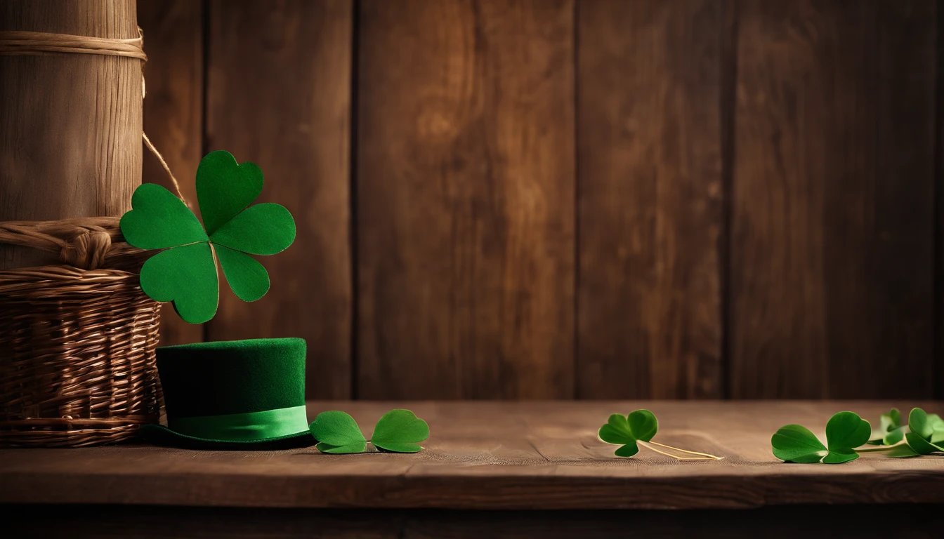 A high-resolution image showcasing a blank St. Patrick’s Day template, with a rustic wooden background, empty spaces for text or graphics, and decorative elements like clovers or Irish flags, providing a warm and inviting setting for personalized designs.