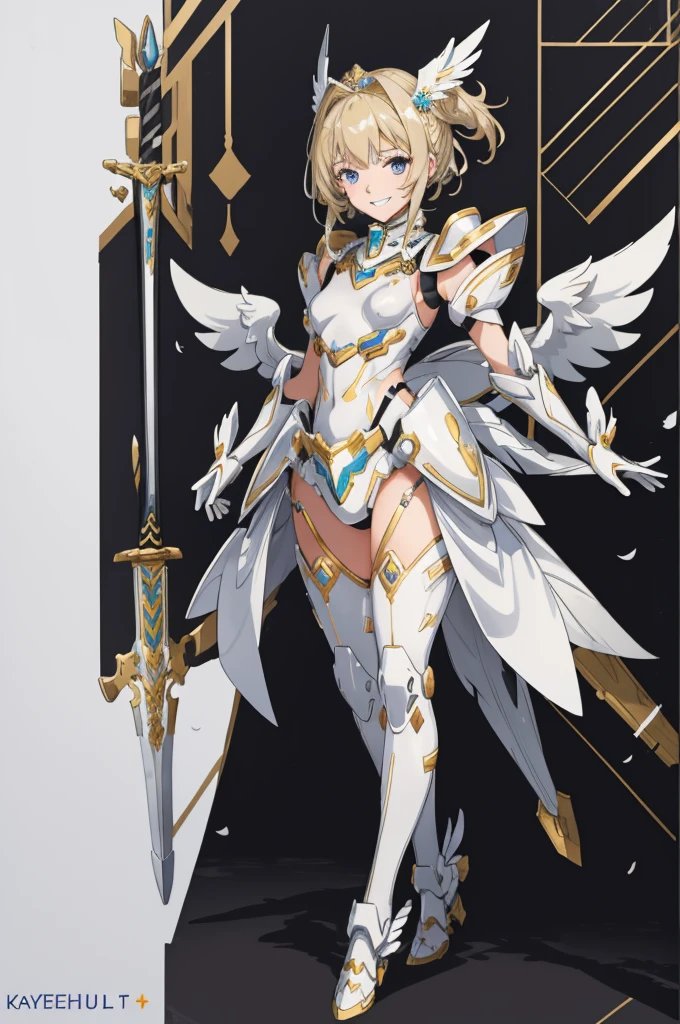 (((full body photo))) (master piece, Best Quality), Intricate details, valkyrie, kawaii, Happy, (((Laugh))), Villainous smile, Hand up, Looking at Viewer, Feather Headgear, Flower meadow, (((flat breast)))
1 girl in, Solo, Portrait, Plutinum Blonde Hair, drooping iceblue eyes, Silver Single Thigh, White Independent Single Sleeve, gloves, Single braid,
mecha musume, White bodysuit, Silver Reinforced Suit, Mini Feather Wings, silver pantyhose, full armor, flower decoration, equip sword,
