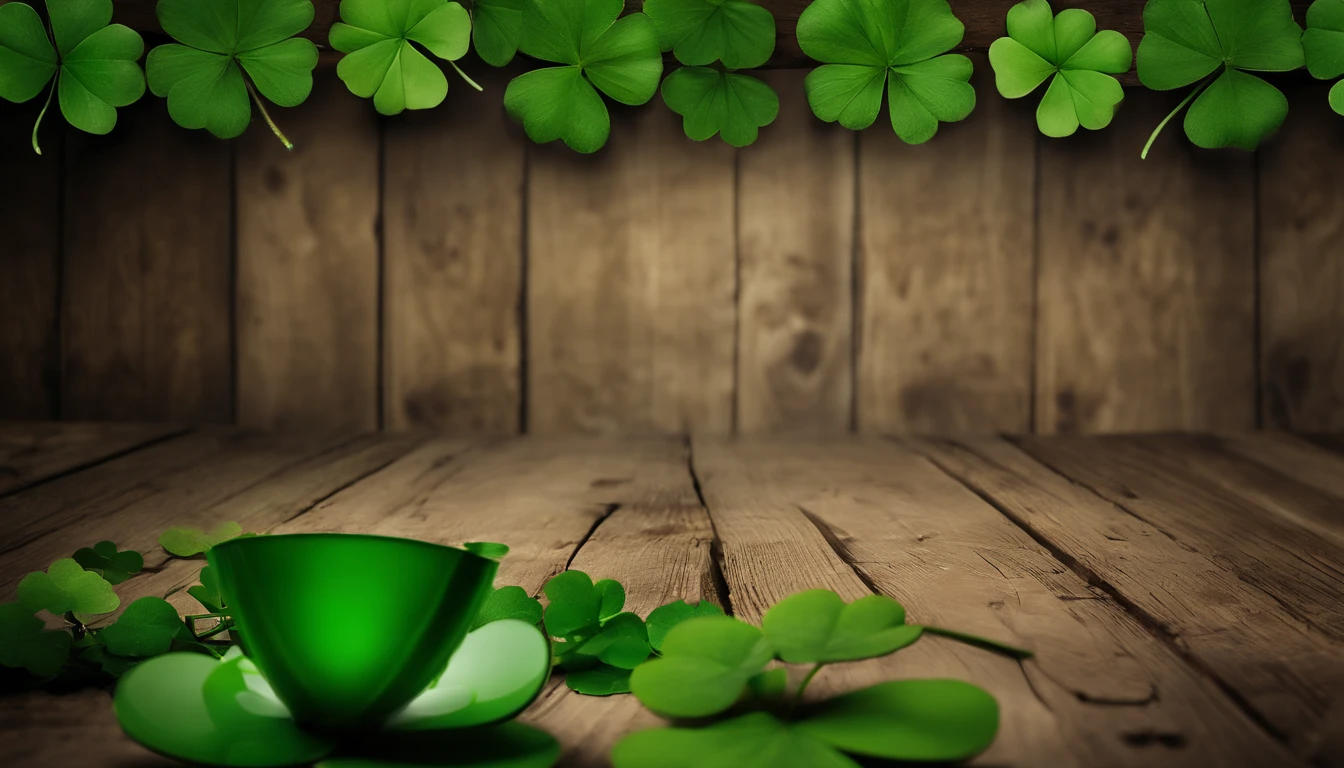A high-resolution image showcasing a blank St. Patrick’s Day template, with a rustic wooden background, empty spaces for text or graphics, and decorative elements like clovers or Irish flags, providing a warm and inviting setting for personalized designs.