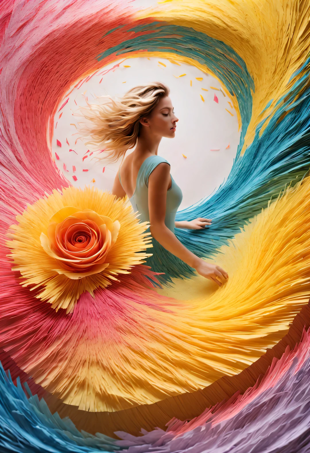 Colorful shredded paper like a rose, a golden cave, Spin wildly in the vortex,,Alyssa Lazer (Aliza Razell) style, beautiful details