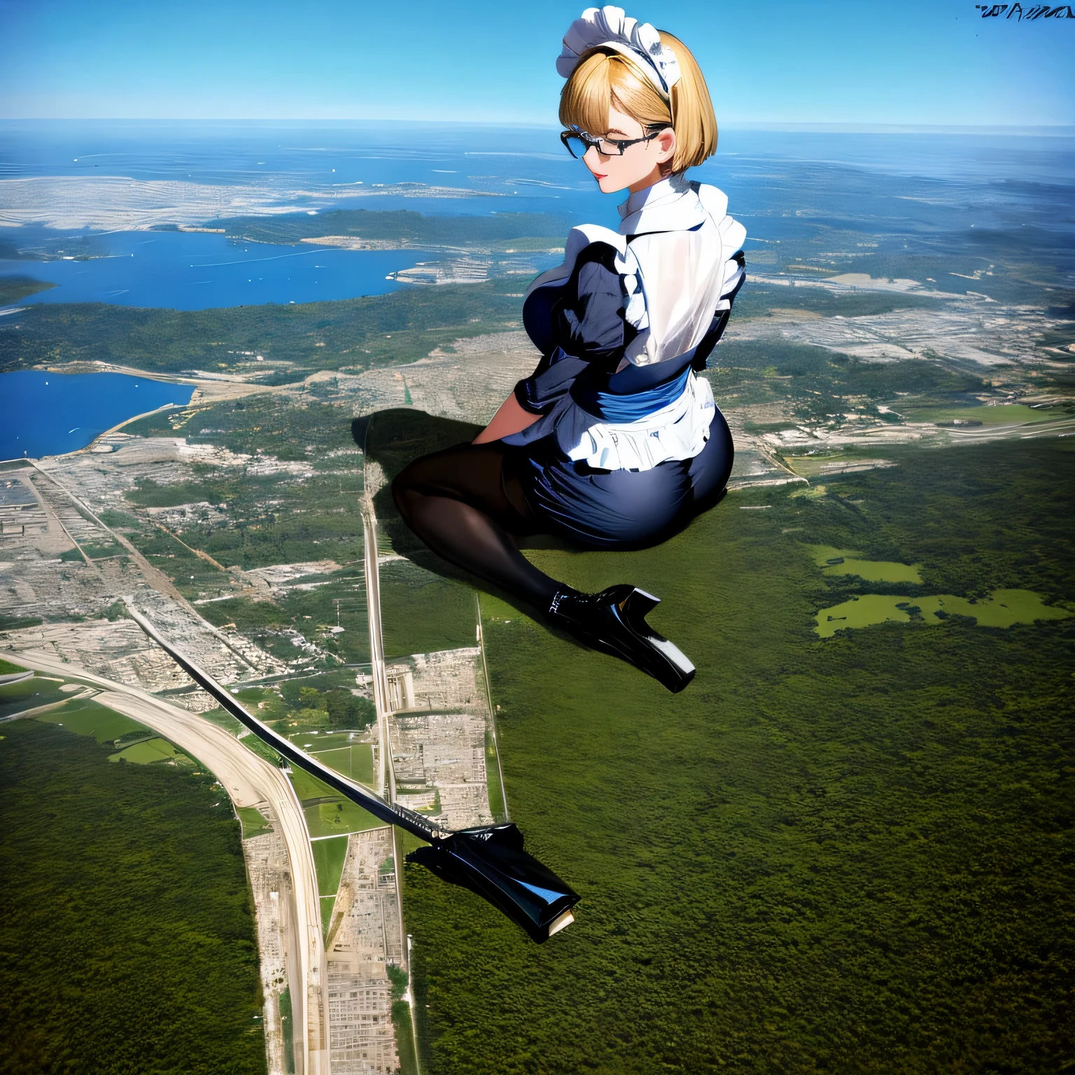 multiple girls, Giantの芸術, 非常に詳細なGiantショット, Giant, short hair, A maid that is much bigger than a skyscraper, wearing rimless glasses, big breasts, big ass, navy maid uniform, black pantyhose, black shoes, very small metropolis, miniature metropolis, crush the big city, A city engulfed in flames, full body description, GTS, ギガGiant, Stomping City, crash city, Small town, micro city, High resolution, highest quality, masterpiece, maid,