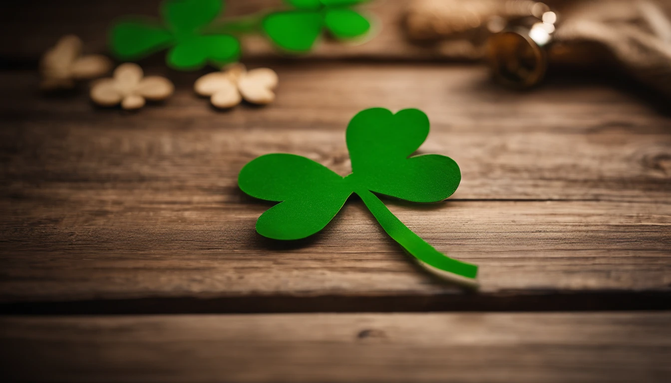 A high-resolution image showcasing a blank St. Patrick’s Day template, with a rustic wooden background, empty spaces for text or graphics, and decorative elements like clovers or Irish flags, providing a warm and inviting setting for personalized designs.