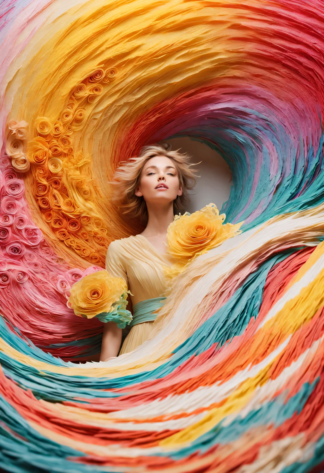 Colorful shredded paper like a rose, a golden cave, Spin wildly in the vortex,,Alyssa Lazer (Aliza Razell) style, beautiful details