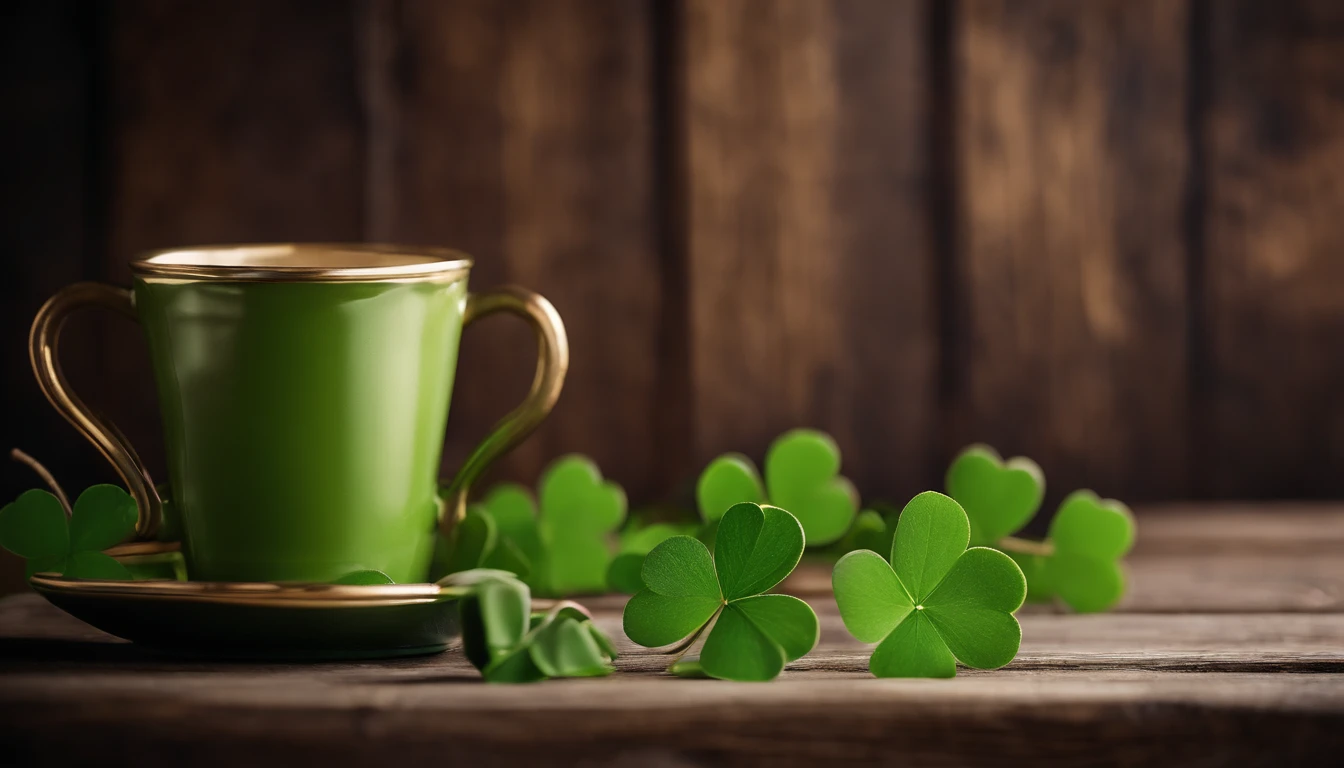 A high-resolution image showcasing a blank St. Patrick’s Day template, with a rustic wooden background, empty spaces for text or graphics, and decorative elements like clovers or Irish flags, providing a warm and inviting setting for personalized designs.