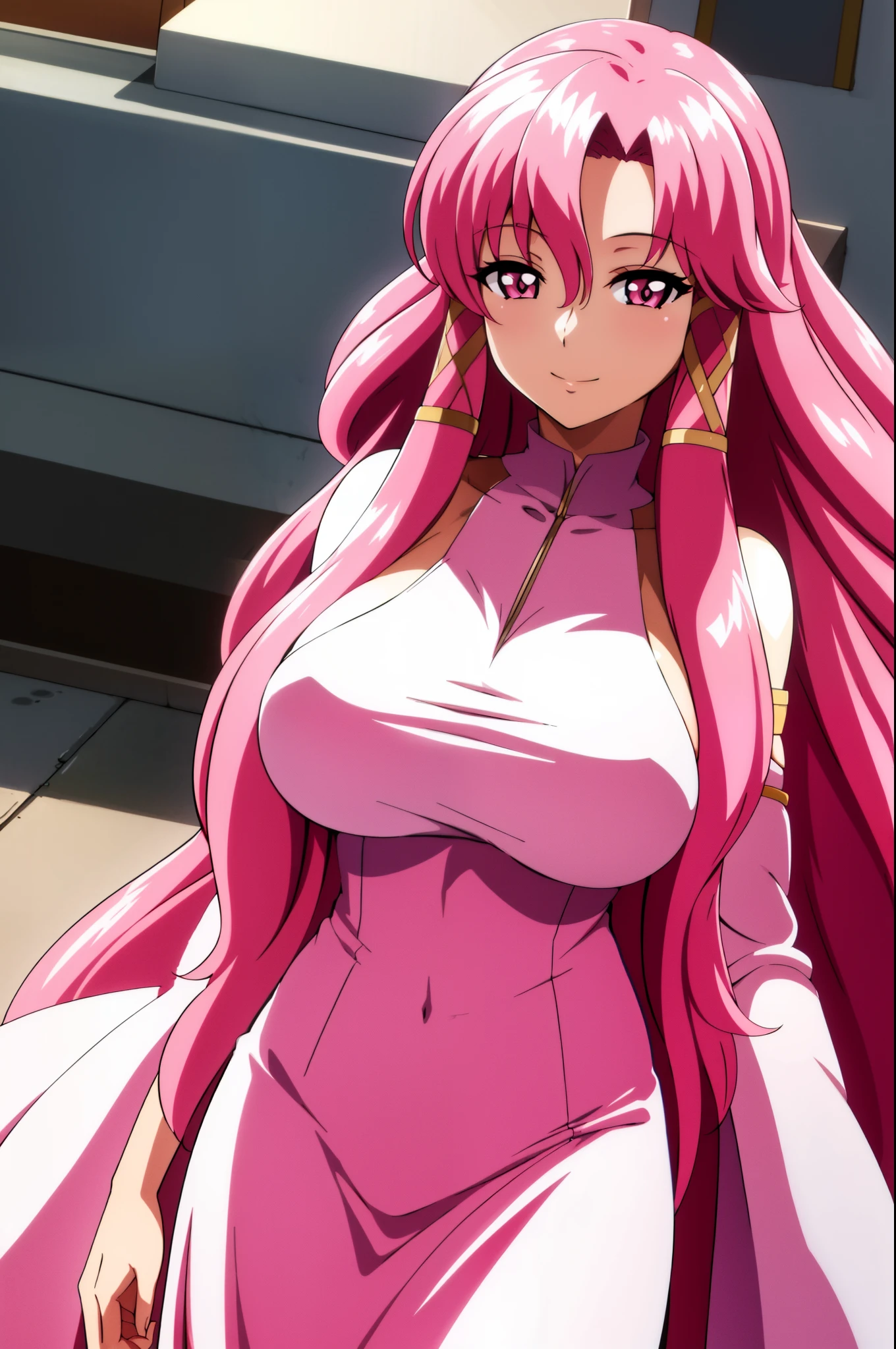 1 girl, pink hair, long hair, pink eyes, smile, sexy body, big breast, HDR, 8K, stand in the center of image looking at you,  fashion parade parading on the catwalk wearing a beautiful dress