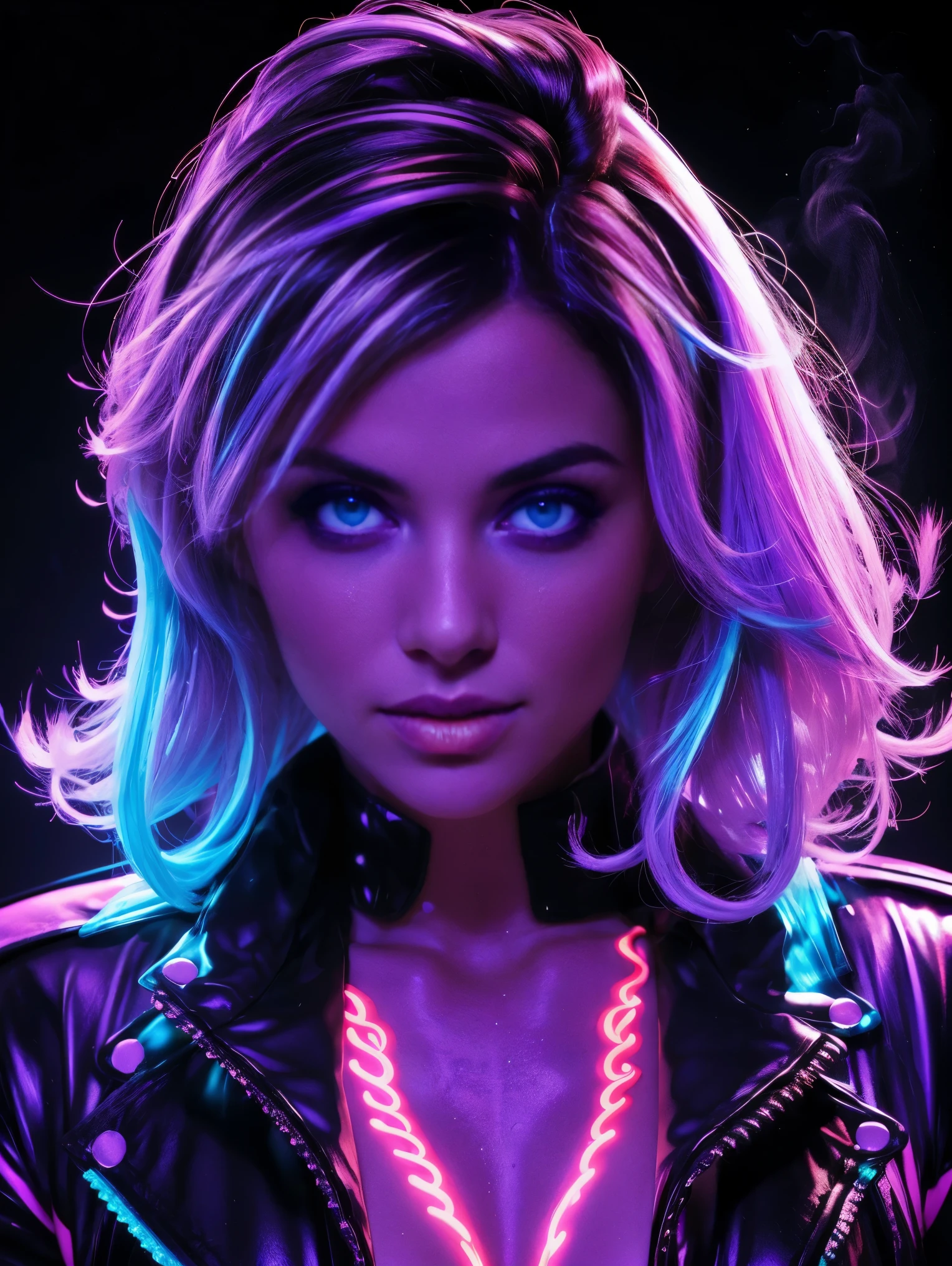 Blacklight on an ultra hot gorgeous European woman, age 23, she’s a playmate, men magazine model. neon, led ,colorful , glowing eyes , beautiful face ,very beautiful , artistic glowing smoke blended with the hair