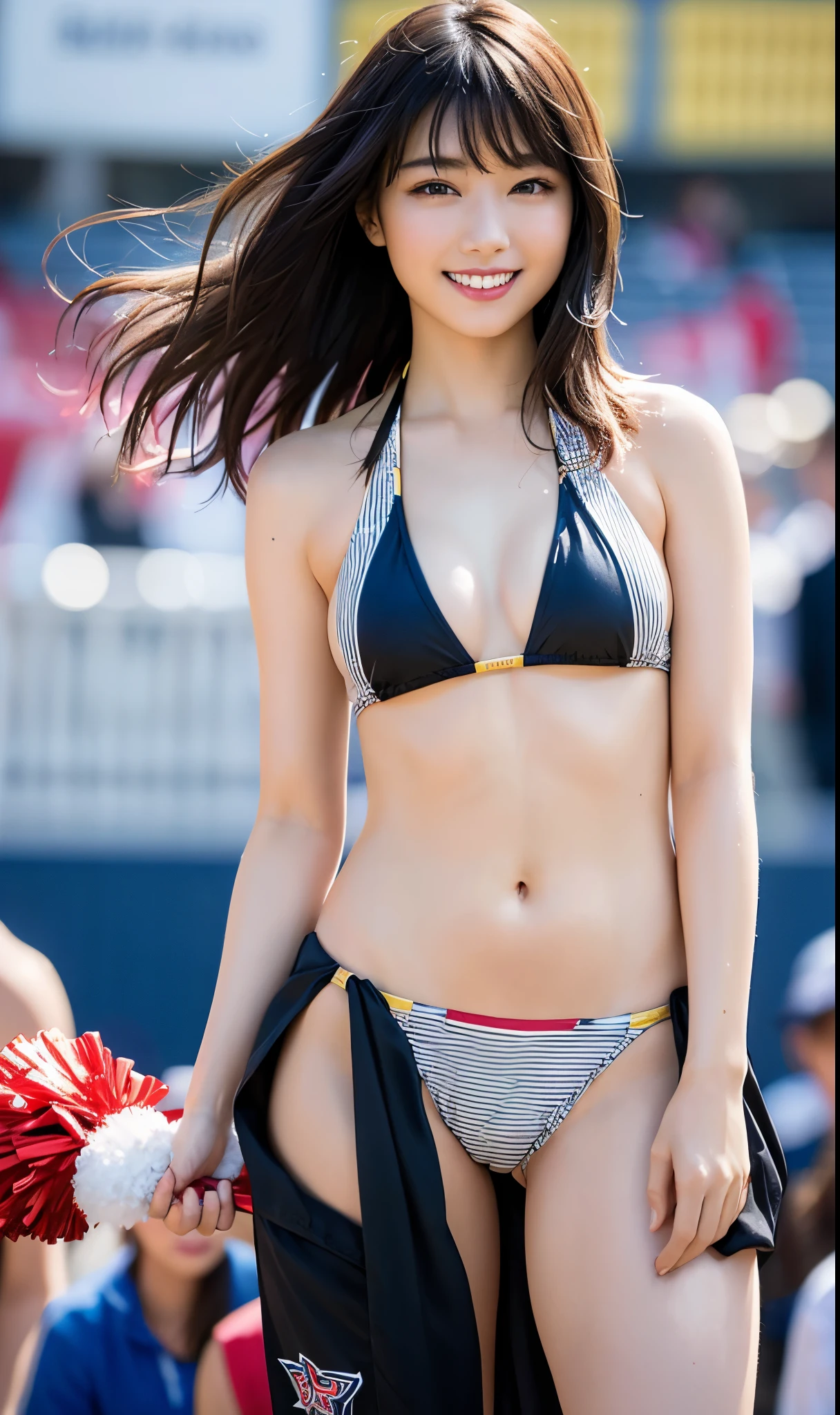 a bikini cheerleader girl in stadium, absurd costume, beautiful face, beautiful red lips, golden long hair, wet skin texture, smile, pompom, high quality, 8k, insane details, dynamic pose