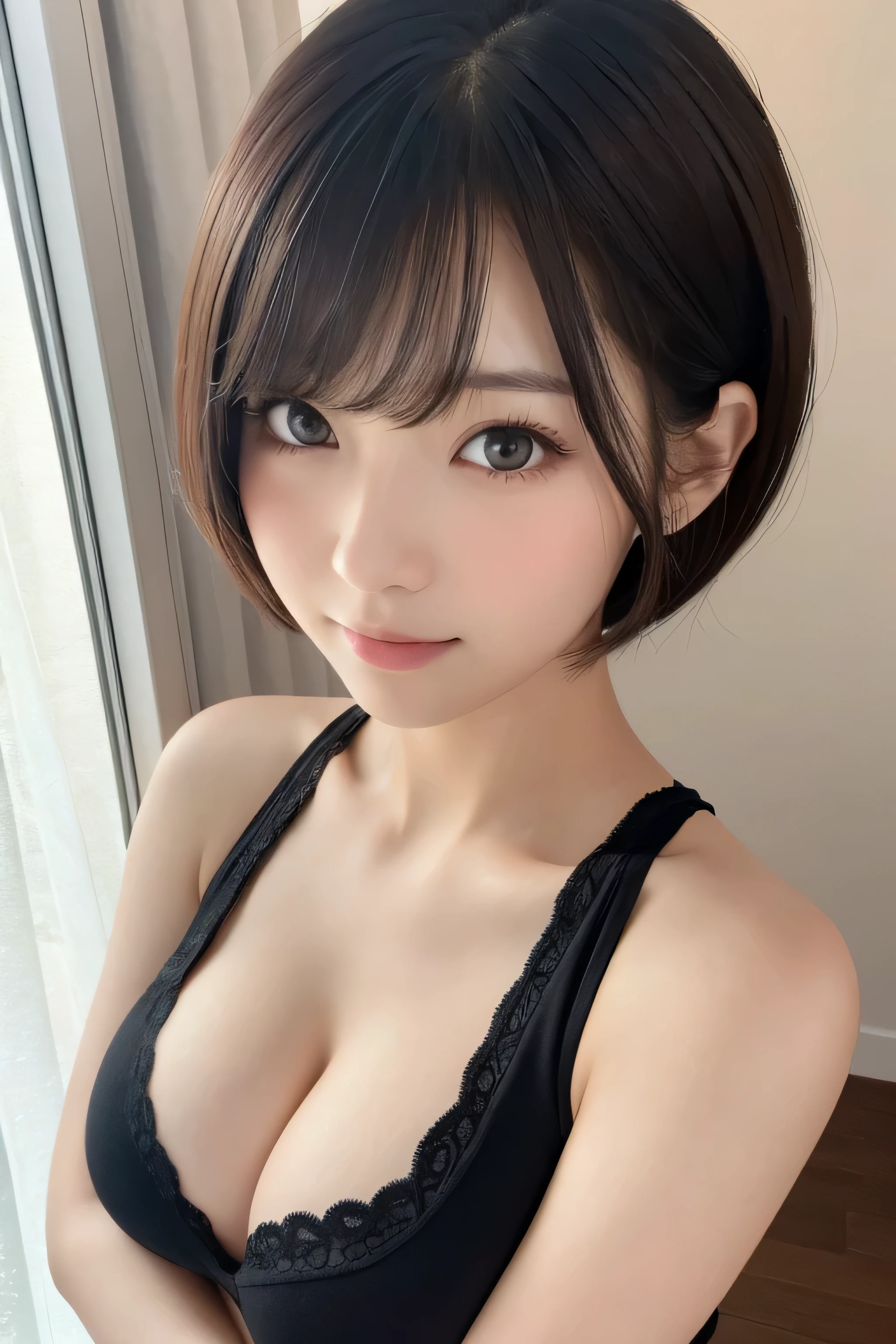 (1 female、Japanese、24-years-old、fresh、clear、seems kind、stylish、attractive narrow eyes、pitiful、天使のようにcute、cute、black eye、Idol,actress,big breasts),(large flabby breasts),(big breasts:1.4).(very cute)、,(eye highlights:1.4),(black hair),enchanting eyes、(In 8K、Live shooting、highest quality、masterpiece:1.2、optimal lighting)、(short bob cut,dull bangs),(masterpiece),(Gravure photography)(Photo taken by a professional photographer),(soft light),(genuine、フォトgenuine:1.37),break,{Cute and sexy underwear}, (portrait),,Upper body,looking at the viewer,close up of face,shy,