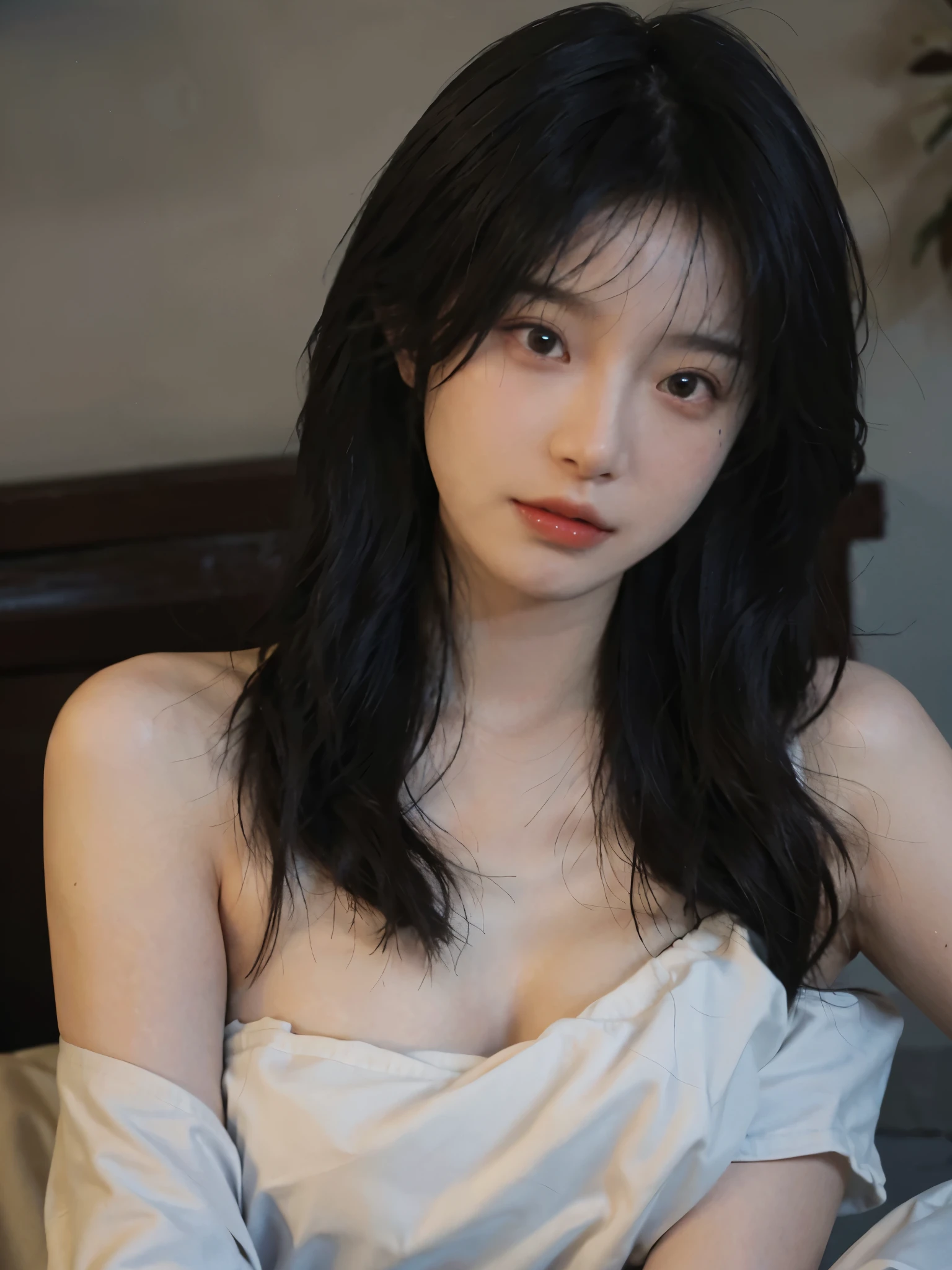 Film portrait photography, 1 girl, bare shoulders, Shoulder length wavy hair, serene, calm, (Realistic and detailed eyes, natural skin texture, Realistic facial details), Soft dramatic lighting, depth of field, Bokeh,cleavage, Vibrant details, Detailed and detailed, Surrealism, 35mm film, hazy, ,