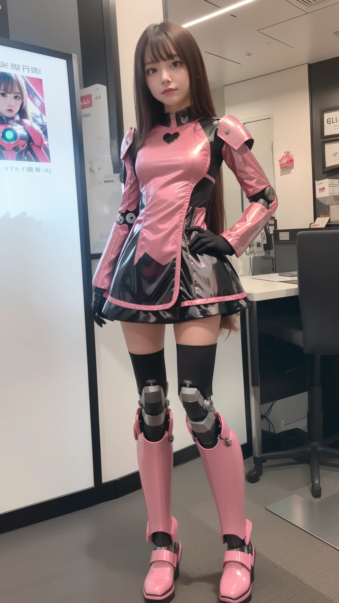 Robot Girl, pink there, Silver, Metallic body, Robot Parts, Metal Parts, Super Detailed Face, Super well-formed face, of the highest quality, a small face, a small head, Brown hair, Slender body, Camera gaze, Internal Mechanical Exposure, Idol, front facing, Well-proportioned body, sale, Exhibited, Event Hall, Moe Pose, pink metallic Lolita dress machine armor, Standing with legs open, Model body type, sad, Embarrassing,(Perfect Robot Girl),(Perfect machine body)