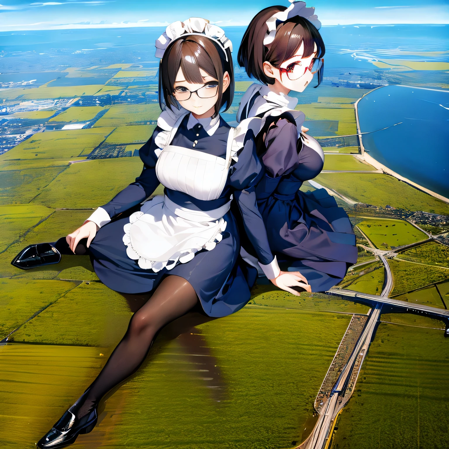 multiple girls, Giantの芸術, 非常に詳細なGiantショット, Giant, short hair, A maid that is much bigger than a skyscraper, wearing rimless glasses, big breasts, big ass, navy maid uniform, black pantyhose, black shoes, very small metropolis, miniature metropolis, crush the big city, A city engulfed in flames, full body description, GTS, ギガGiant, Stomping City, crash city, Small town, micro city, High resolution, highest quality, masterpiece, maid,