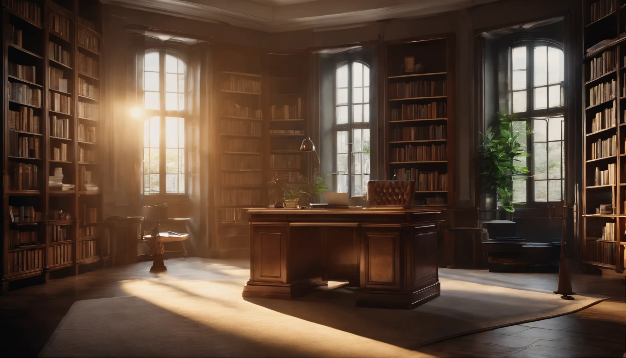 Vento de tinta，Interior dos tubos modernos da biblioteca，Sobre a mesa havia livros abertos. A ray of sunlight shines through the desk window, an old office table, with a large and comfortable chair, melhor qualidade, full hd, 4k, detalhes precisos, 