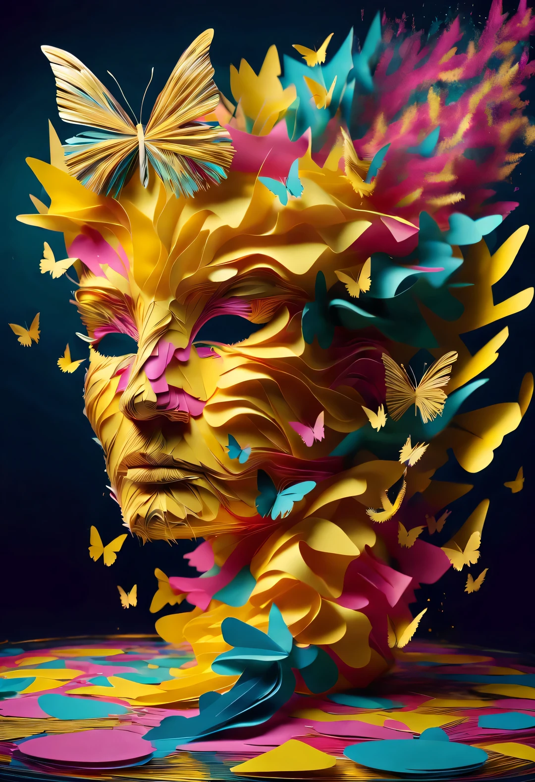 Colorful shredded paper like butterflies, a golden cave, dancing in the whirlpool