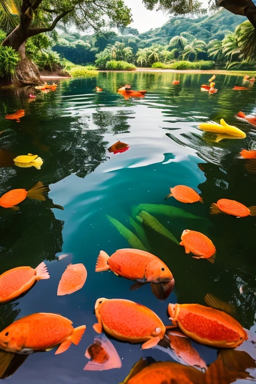 There was also an orange juice lake where the fish were shaped like bananas., and some pineapple-shaped crabs, and even some parrots standing in the shape of watermelon slices, e faziam o barulho de chuva calma cada vez que voavam, his chirp had the sound of a dog barking.
