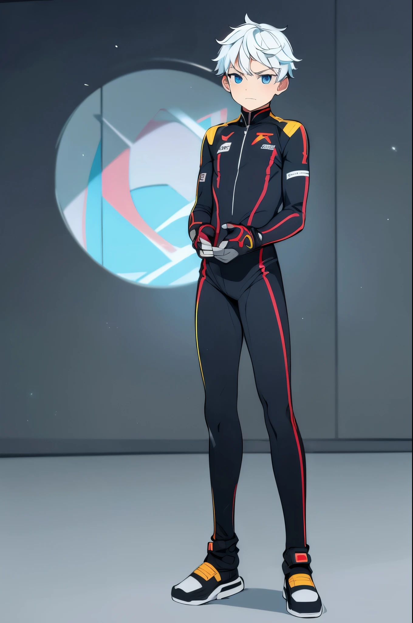 full body image, looking at viewer, (best quality,4k,8k,highres,masterpiece:1.2), ultra-detailed, 1boy, ((shota)), (((skintight))) sci-fi McLaren racing pilot suit, determined expression, reflective surface, confident pose, racing track background