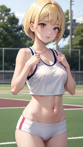 Japanese  and seniorschool girl ics Club activities Outdoors Raise both arms wide During a sprint competition Goal scene Beautiful girl Blonde Short hair Small breasts Slim Beautiful legs Delicate and beautiful skin White tank top Navel exposed Sweating profusely Hair is wild and disheveled shy expression