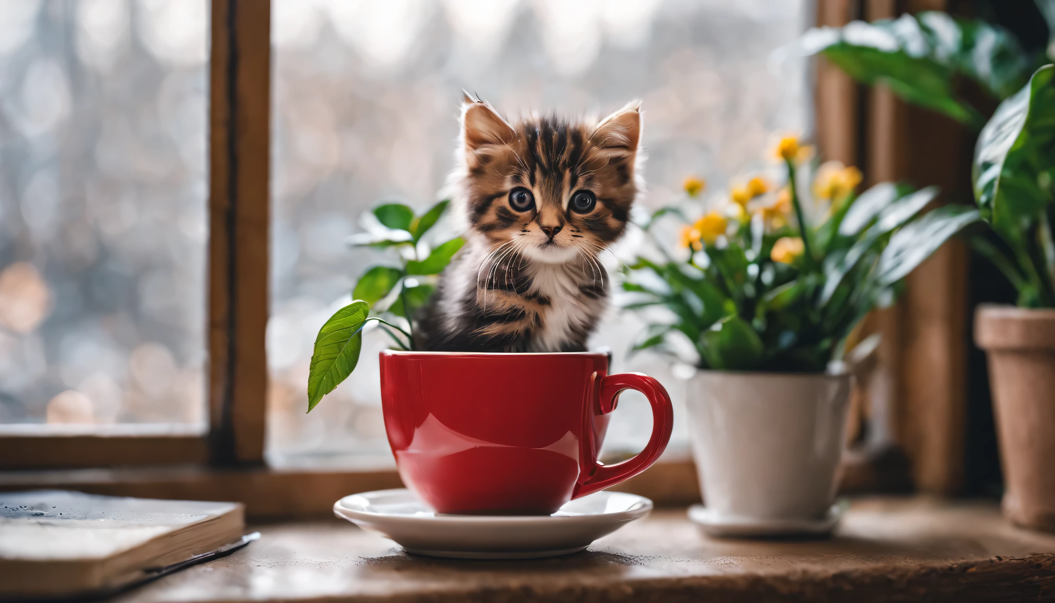 A small plant on the windowsill and a kitten wrapped in a red knitted blanket(還包著coffee杯子3/1 place), 热气腾腾的coffee, full of 热气腾腾的coffee, 热coffee, night的心情,bokeh background. coffee, cold, soft - Warmnight时间, night的气氛, winter environment, and a cup of hot chocolate, cold的 weather, comfortable, cold的, Warm, afterwards, comfortable的气氛.cold的的night.cold的 night mood, comfortable平静, Relax, .(best quality,4K,8k,high resolution,masterpiece:1.2),super detailed,(actual,photoactual,photo-actual:1.37),coffee在白色陶瓷杯中微微冒烟.ultra high definition, anatomically correct, masterpiece, best qualityUHD, precise, anatomically correct, best quality, masterpiece(night.warm light)