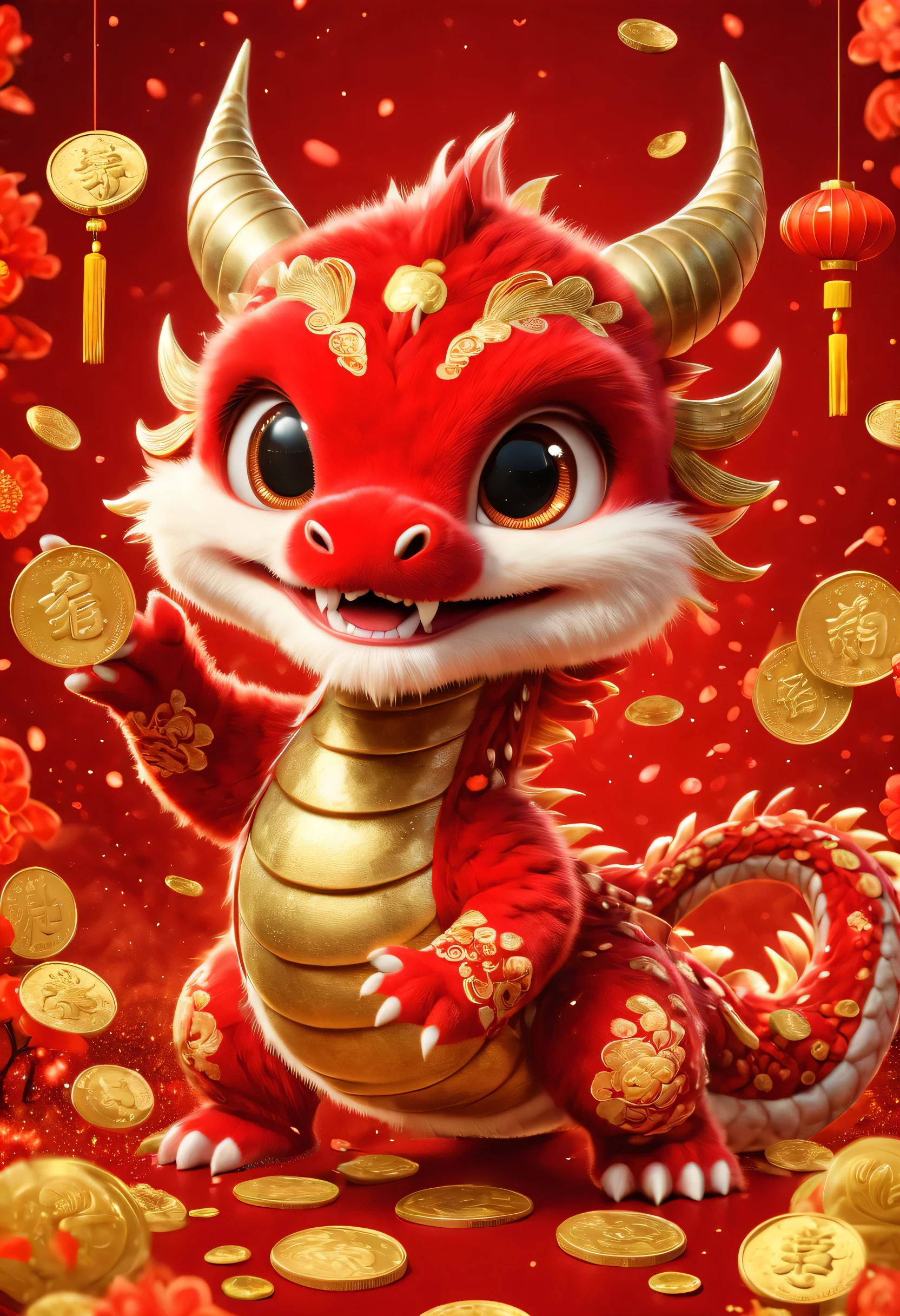 poster design：Chinese New Year is here，Cute little Chinese dragon is so happy，hairy，stupid，Cute and cute，Wow……（There are many gold coins in the air，Gold coin rain，Many small red envelopes，）fireworks，red background blur，