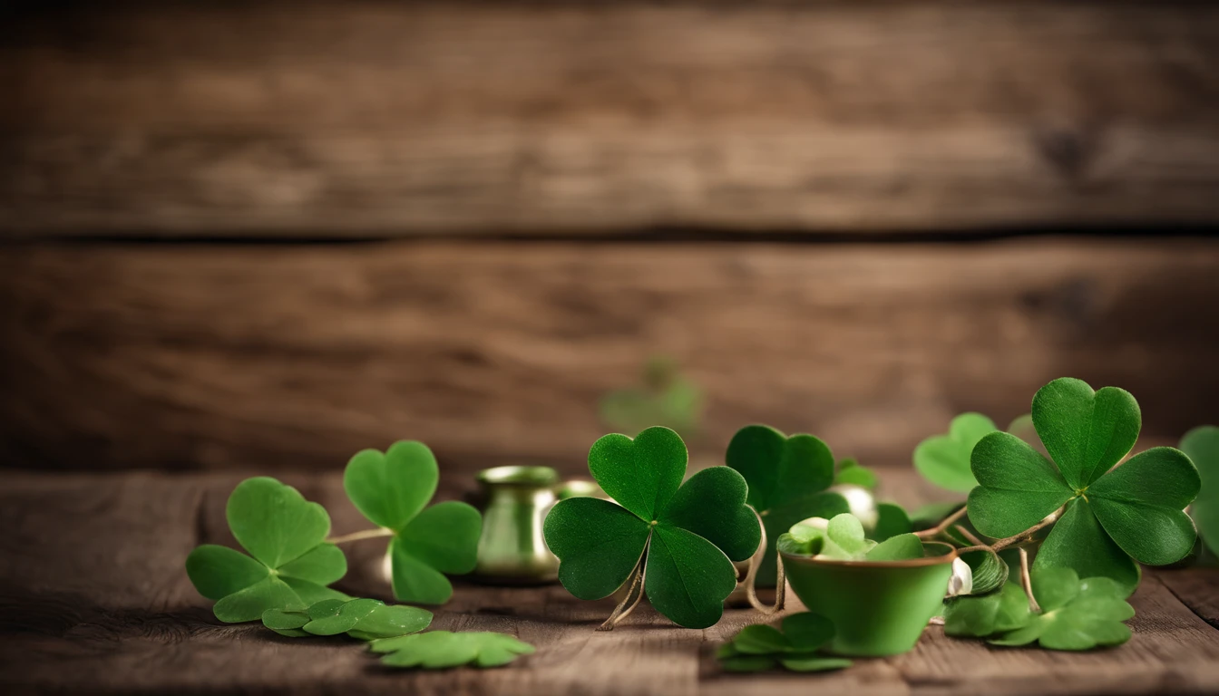 A high-resolution image showcasing a blank St. Patrick’s Day template, with a rustic wooden background, empty spaces for text or graphics, and decorative elements like clovers or Irish flags, providing a warm and inviting setting for personalized designs.