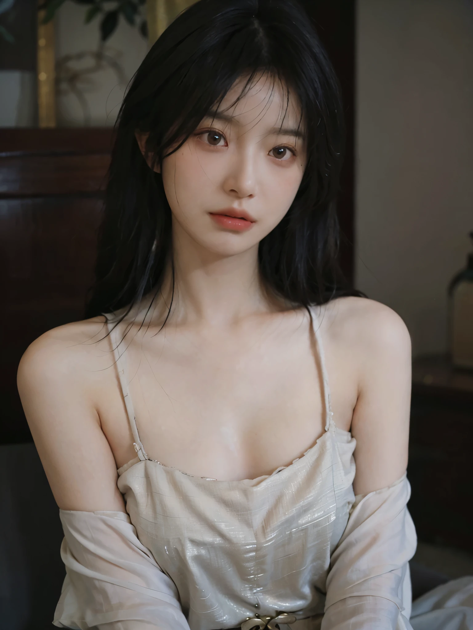 Film portrait photography, 1 girl,  shoulders, Shoulder length wavy hair, serene, calm, (Realistic and detailed eyes, natural skin texture, Realistic  details), Soft dramatic lighting, depth of field, Bokeh,cleavage， Vibrant details, Detailed and detailed, Surrealism, 35mm film, hazy, ,