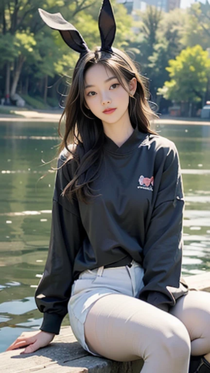 Screen description full reference copy 1girl,solo,long hair,looking at the audience,brown hair,black hair,animal ears,brown eyes,sitting,pantyhose,boots,shorts,bunny ears,lips,假animal ears,earphone,fishing net,lifelike,fishing netpantyhose,animal earsearphone