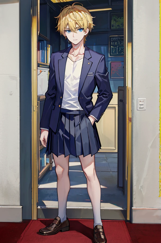 a handsome man，adult，blond，blue eyes，clavicle，school uniform，Arbitrary，full-body shot，(masterpiece)，(highest quality)，