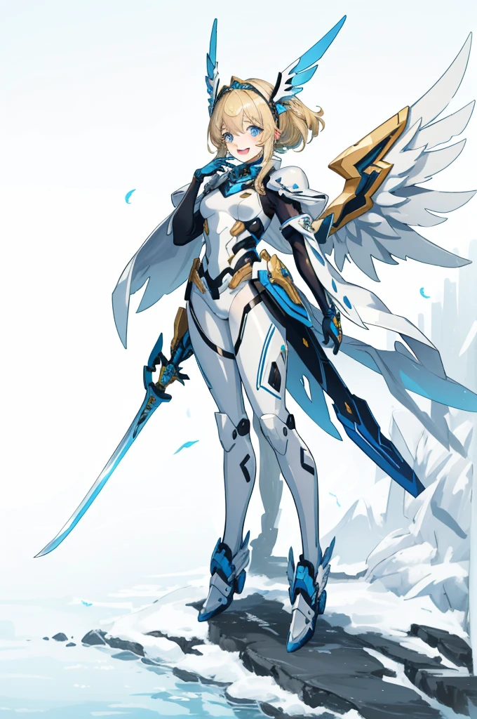 (((full body photo))) (​master piece, Best Quality),  Intricate details, valkyrie, kawaii, Happy, (((Laugh))), Villainous smile, Hand up, Looking at Viewer, Feather Headgear, Flower meadow, 
1 girl in, Solo, Portrait, Tentacle Plutinum Blonde Hair, drooping iceblue eyes, Silver Single Thigh, White Independent Single Sleeve, gloves, Single braid, 
 mecha musume, White bodysuit, Silver Reinforced Suit, angel Wings, silver pantyhose, full armor, flower decoration, equip sword,