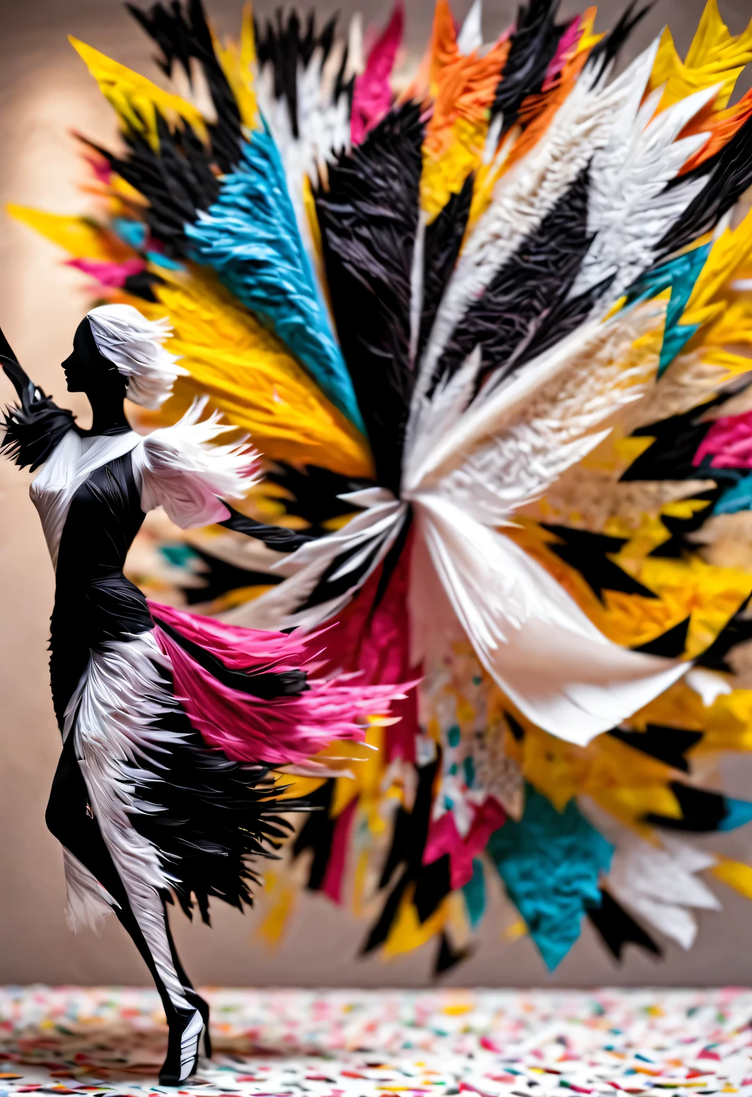 Dancing black and white shredded paper passed through a thin transparent wall and turned into colorful shredded paper. Dancing black and white shredded paper, Dancing colorful shredded paper, perfectly put together,
