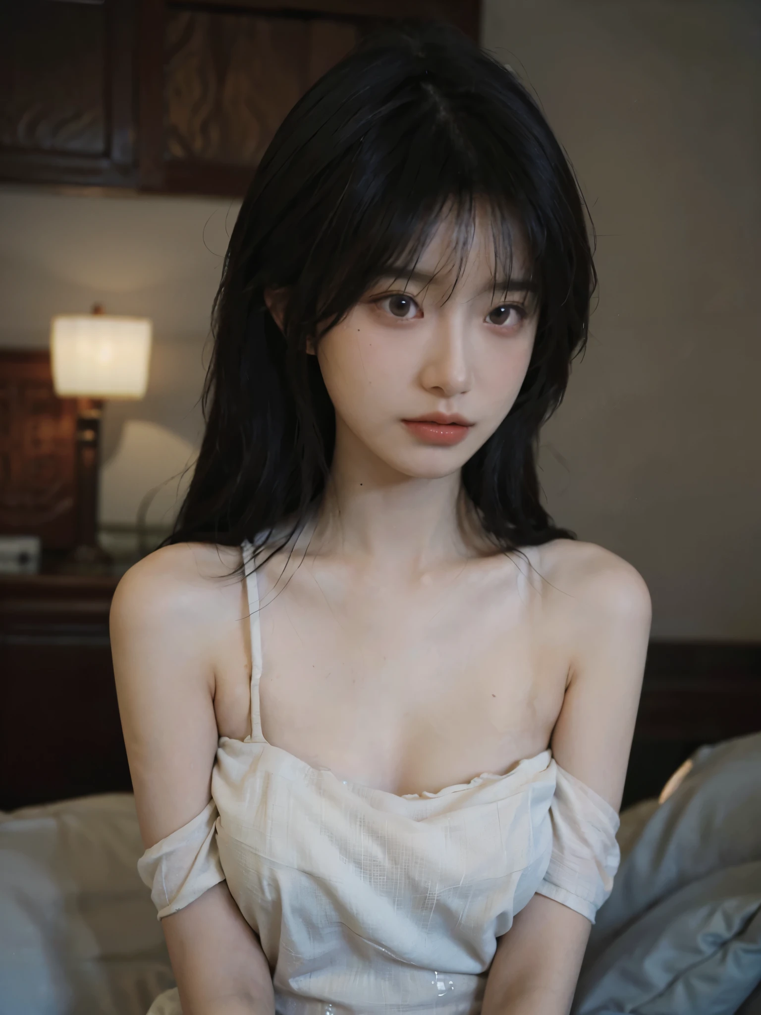 Film portrait photography, 1 girl, bare shoulders, Shoulder length wavy hair, serene, calm, (Realistic and detailed eyes, natural skin texture, Realistic facial details), Soft dramatic lighting, depth of field, Bokeh,cleavage， Vibrant details, Detailed and detailed, Surrealism, 35mm film, hazy, ,