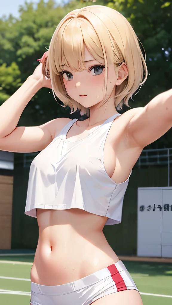 Japanese junior and senior high school girl Athletics Club activities Outdoors Raise both arms wide During a sprint competition Goal scene Beautiful girl Blonde Short hair Small  Slim Beautiful legs Delicate and beautiful skin White tank top Navel exposed Sweating profusely Hair is wild and disheveled shy expression