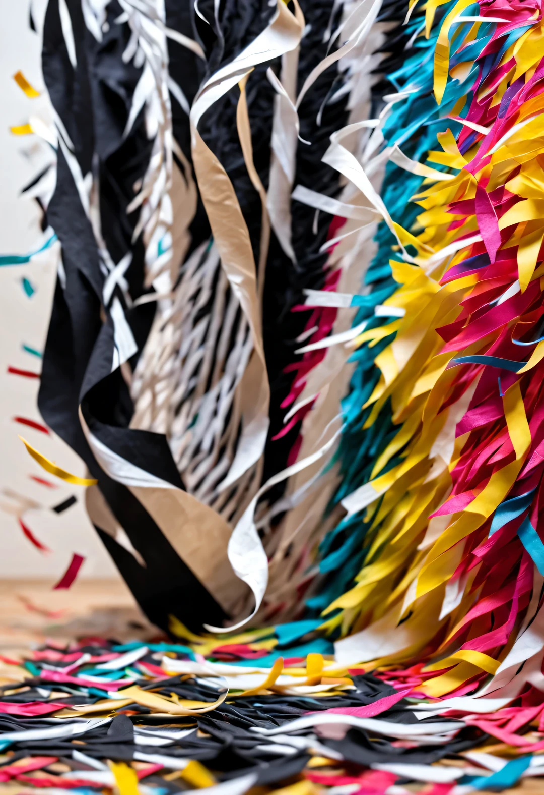 Dancing black and white shredded paper passed through a thin transparent wall and turned into colorful shredded paper. Dancing black and white shredded paper, Dancing colorful shredded paper, perfectly put together,