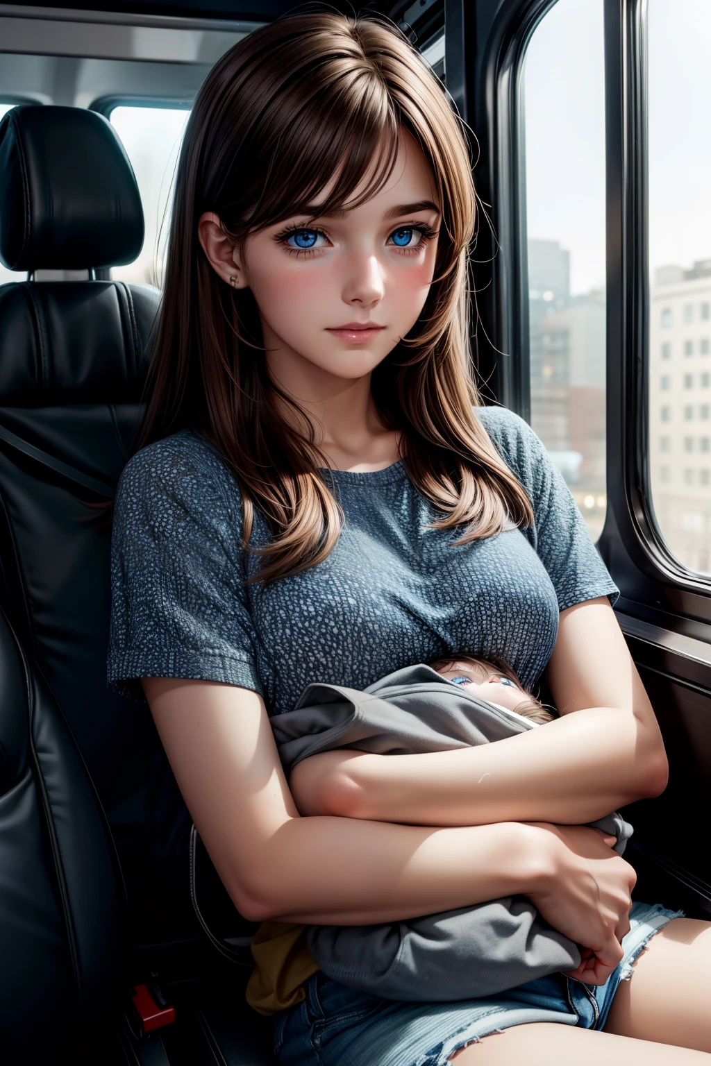 little boy sitting on his mom's lap using her phone, shorts, inside of a bus, brown hair, blue eyes, blushed cheeks, photo realistic, ultra detailed, soft lights, night time ⌚, city, 1mom,  1boy, 1, (best quality, masterpiece,)