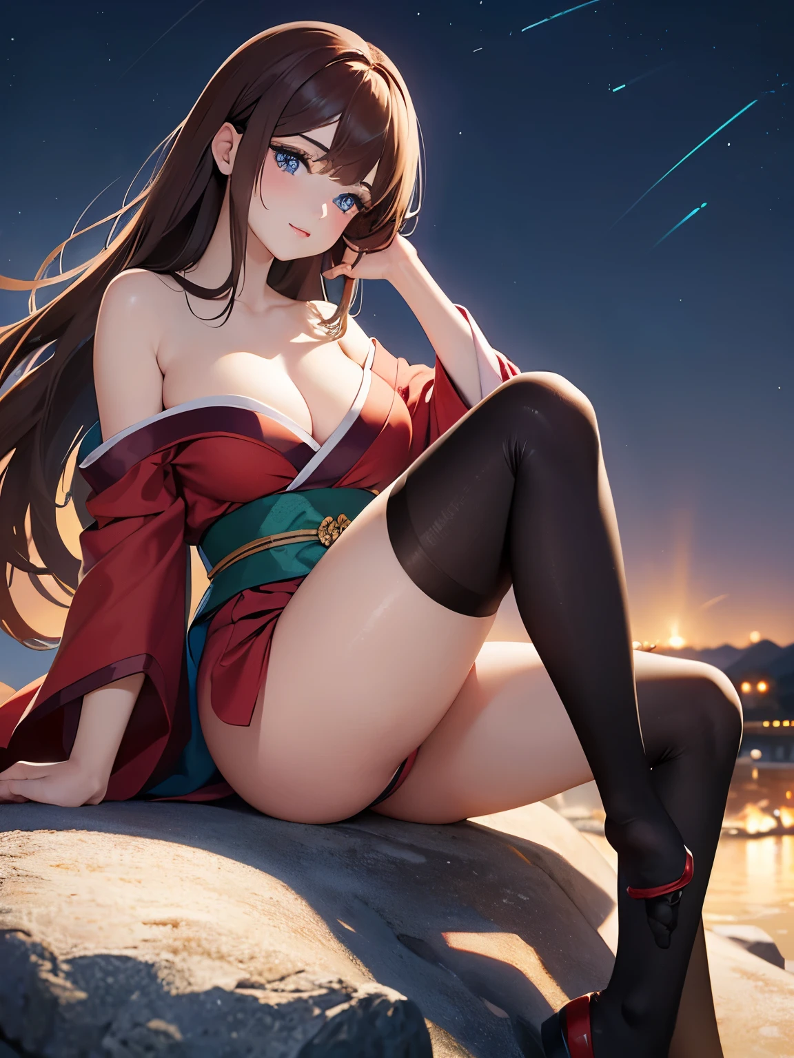((masterpiece, best quality, high resolution, ultra high definition, Pixel perfect, depth of field, 4K, RTX, human development report))), 1girl in, single, alone, Beauty、see whole body、 ((Long hair to waist, Short Liuhai, reddish brown hair)), ((blue eyes, beautiful eyelashes, realistic eyes)), ((Detailed face, blush:1.2)), ((smooth texture:0.75, lifelike质感:0.65, lifelike:1.1, Anime CG style)), medium breasts, Perfect body, ((Red Japanese kimono, exposing her chest, bare shoulders ,Black tights)), A confident smile, side sitting position, Look from the bottom up、(The wind is strong and blows my hair,bare shoulders、Black tights) , Night view hot spring,Snowy nights