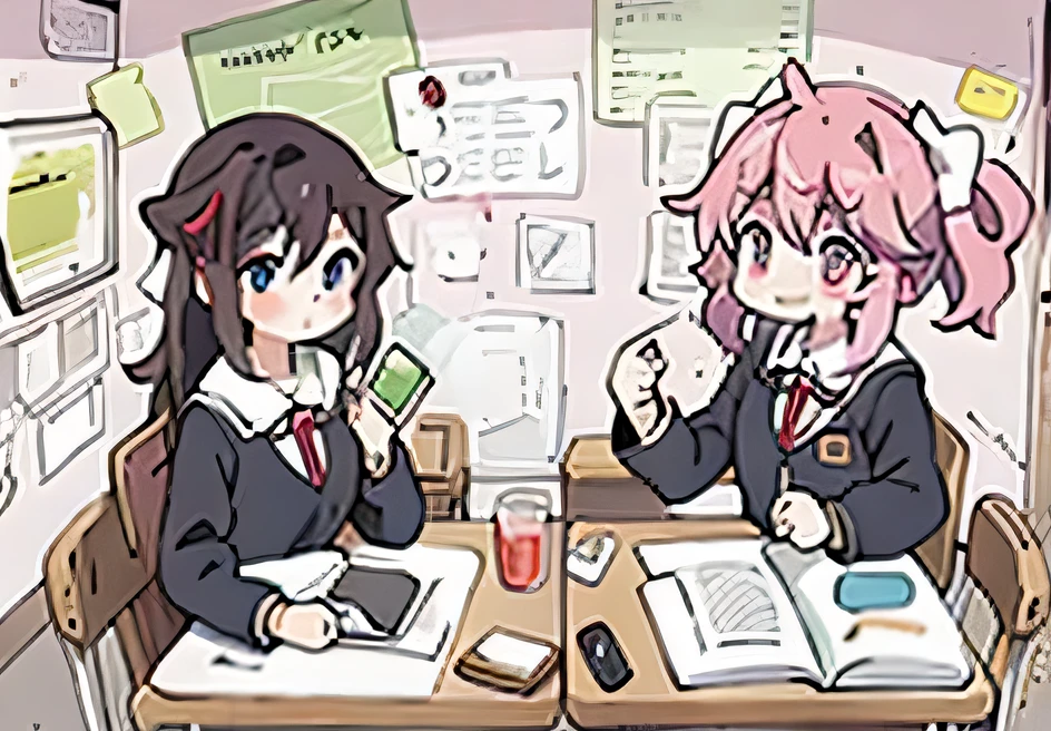 Two girls sitting at the table in the classroom，Holding book and big lollipop in hand,  High-quality fan art, middle school, with a smile on her face