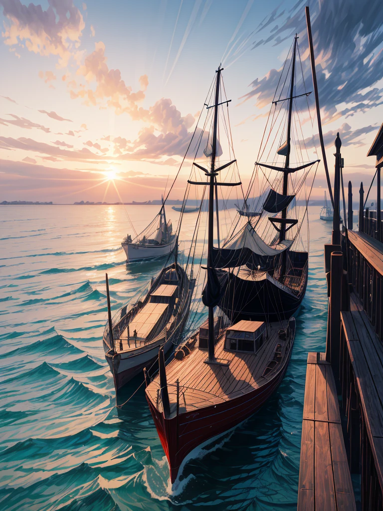 (((masterpiece、Highest image quality、highest quality、highly detailed unity 8kwallpaper)))、((medieval port town))、(wooden sailing ship moored)、sunset