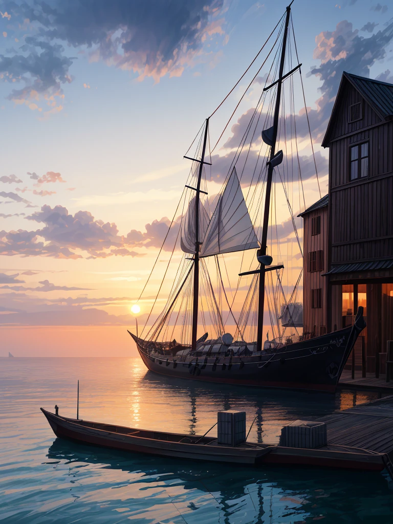 (((masterpiece、Highest image quality、highest quality、highly detailed unity 8kwallpaper)))、((medieval port town))、(wooden sailing ship moored)、sunset